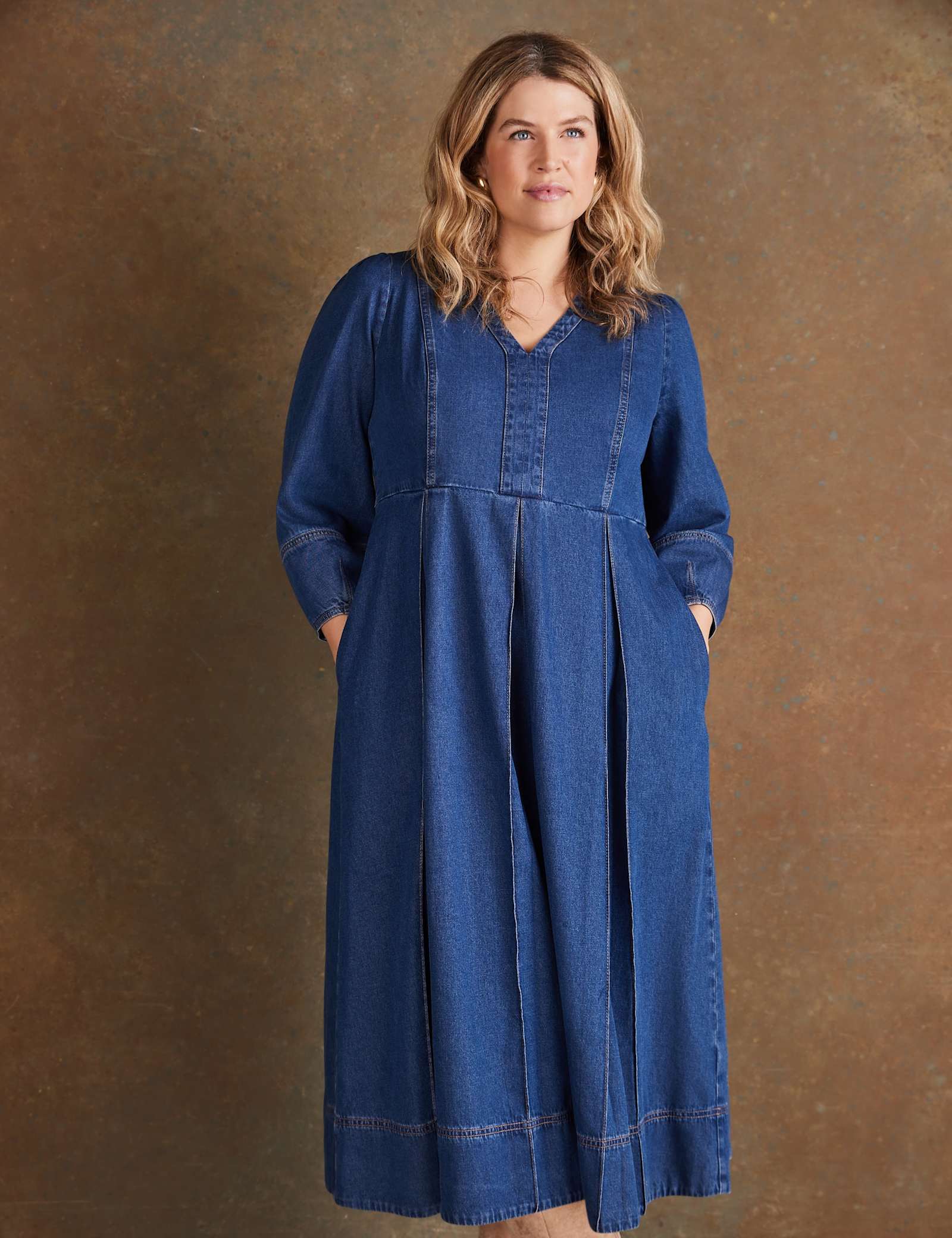 Pure Cotton Denim V-Neck Midaxi Dress - image 3