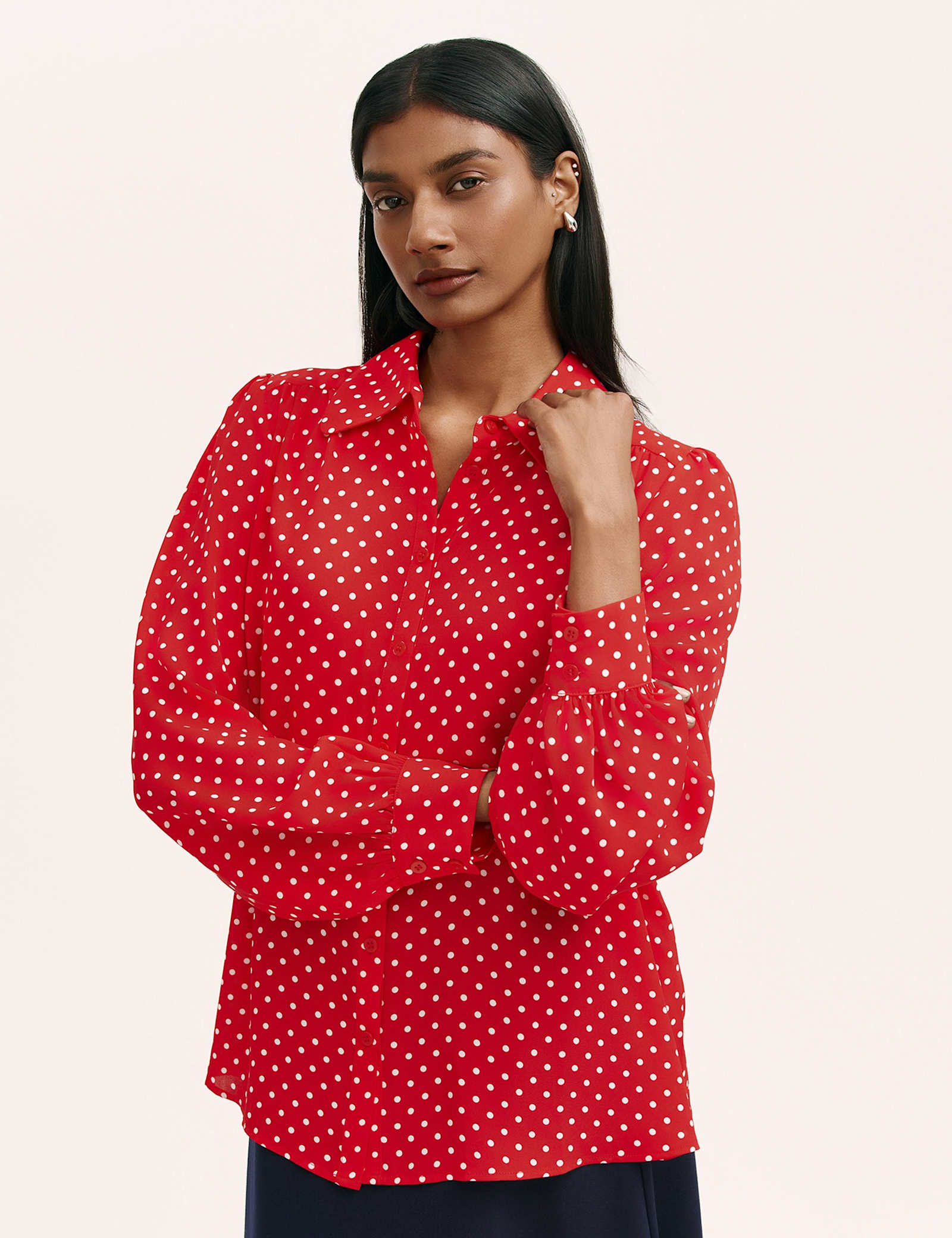 Polka Dot Collared Blouson Sleeve Blouse - image 2