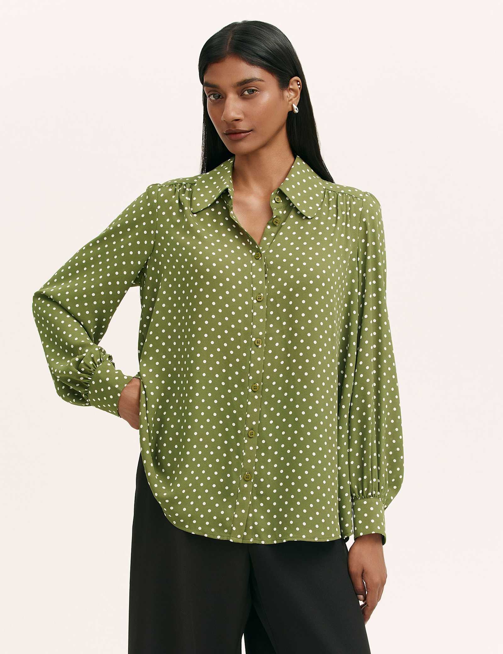 Polka Dot Collared Blouson Sleeve Blouse - image 1