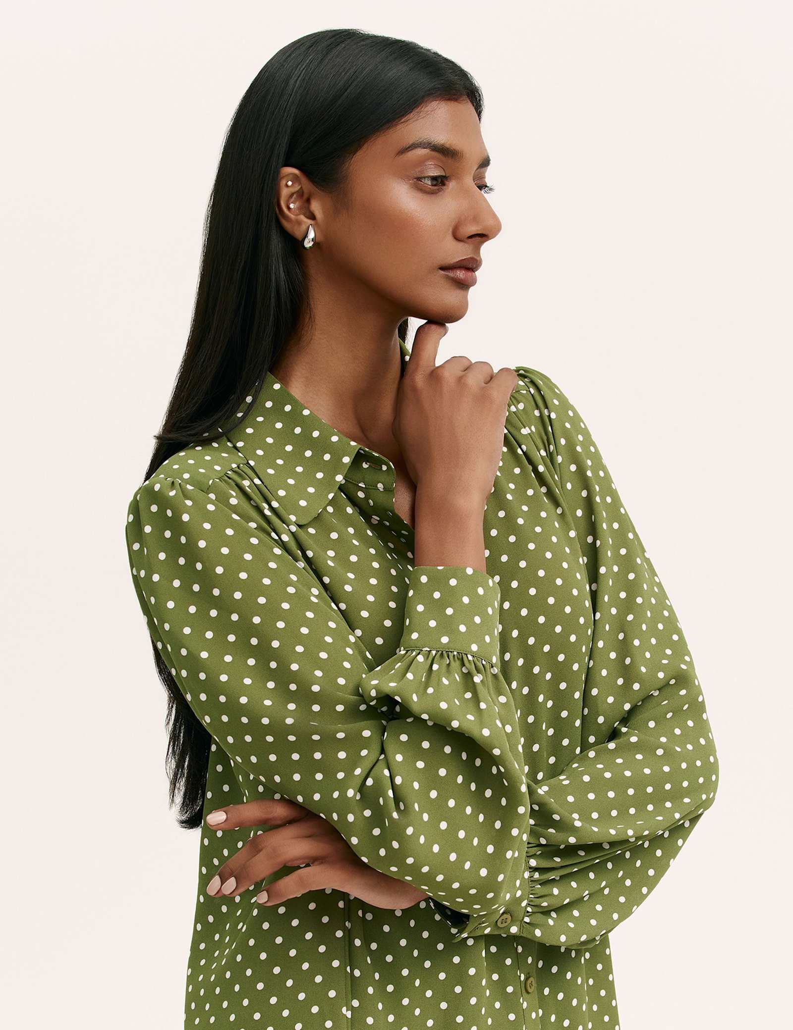 Polka Dot Collared Blouson Sleeve Blouse - image 4