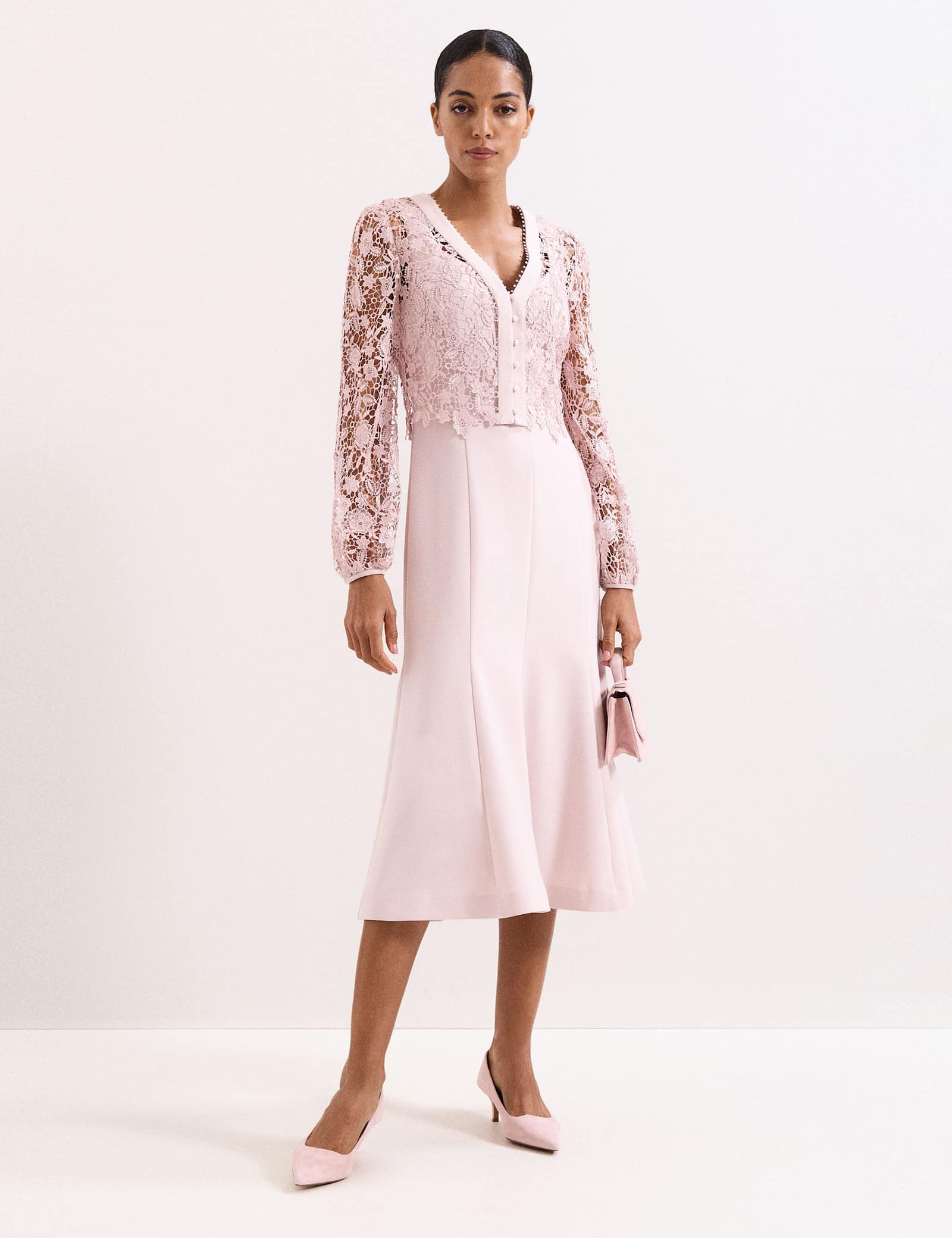 Lace V-Neck Button Detail Midi Tea Dress - image 5