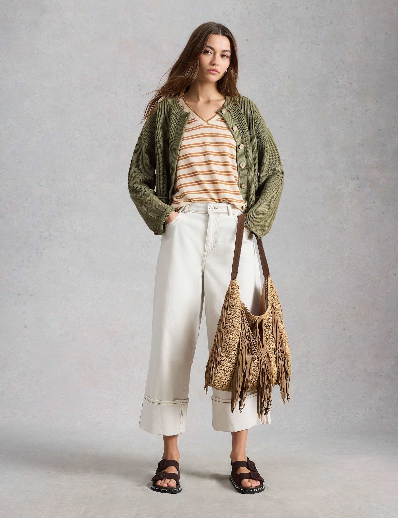 Linen Blend Striped Lace Insert T-Shirt - image 5