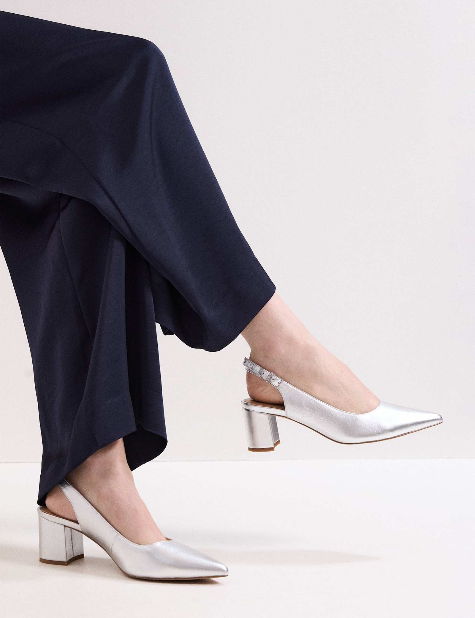 Leather Metallic Block Heel Slingback Shoes - image 3