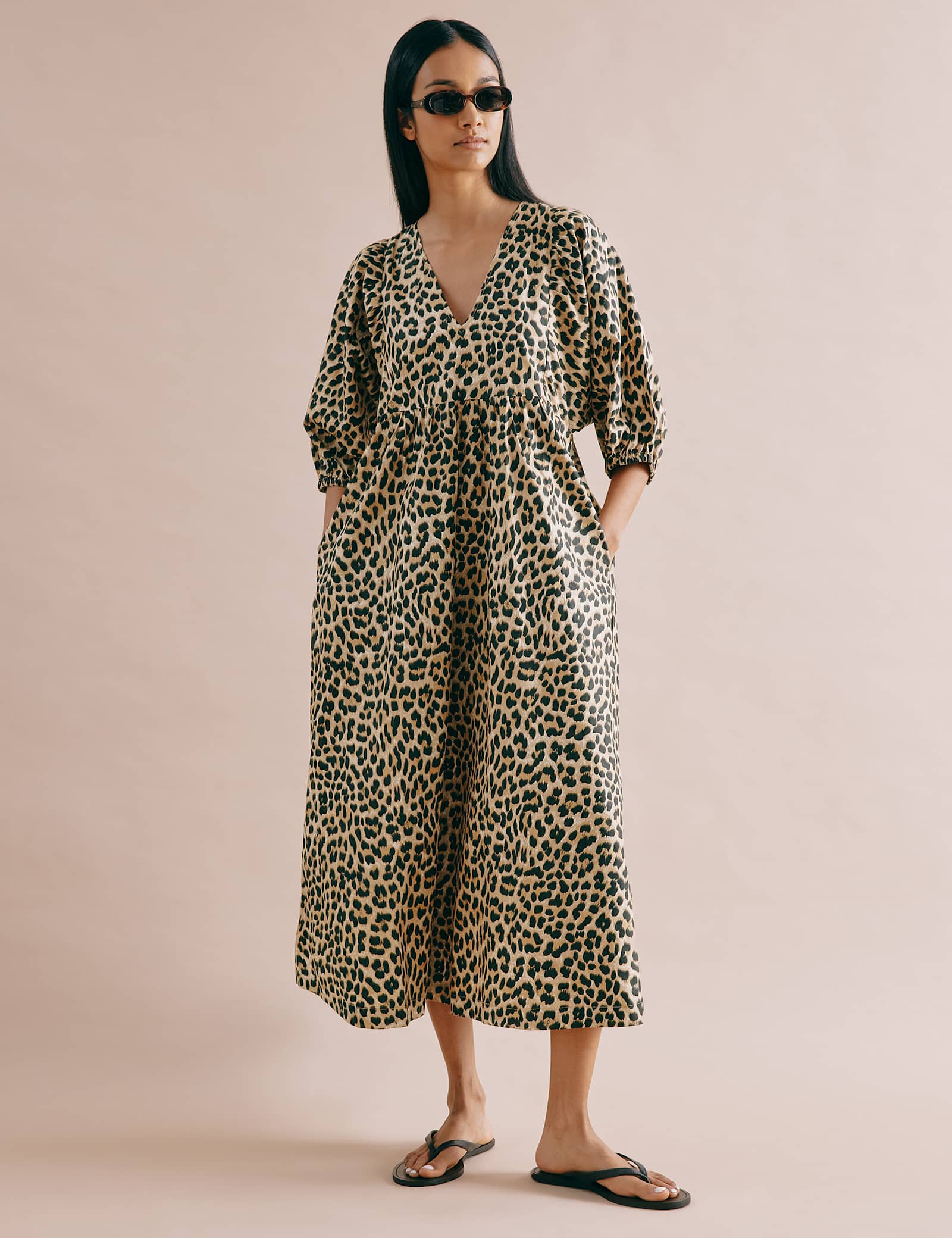 Pure Cotton Animal Print V-Neck Midi Skater Dress - image 2