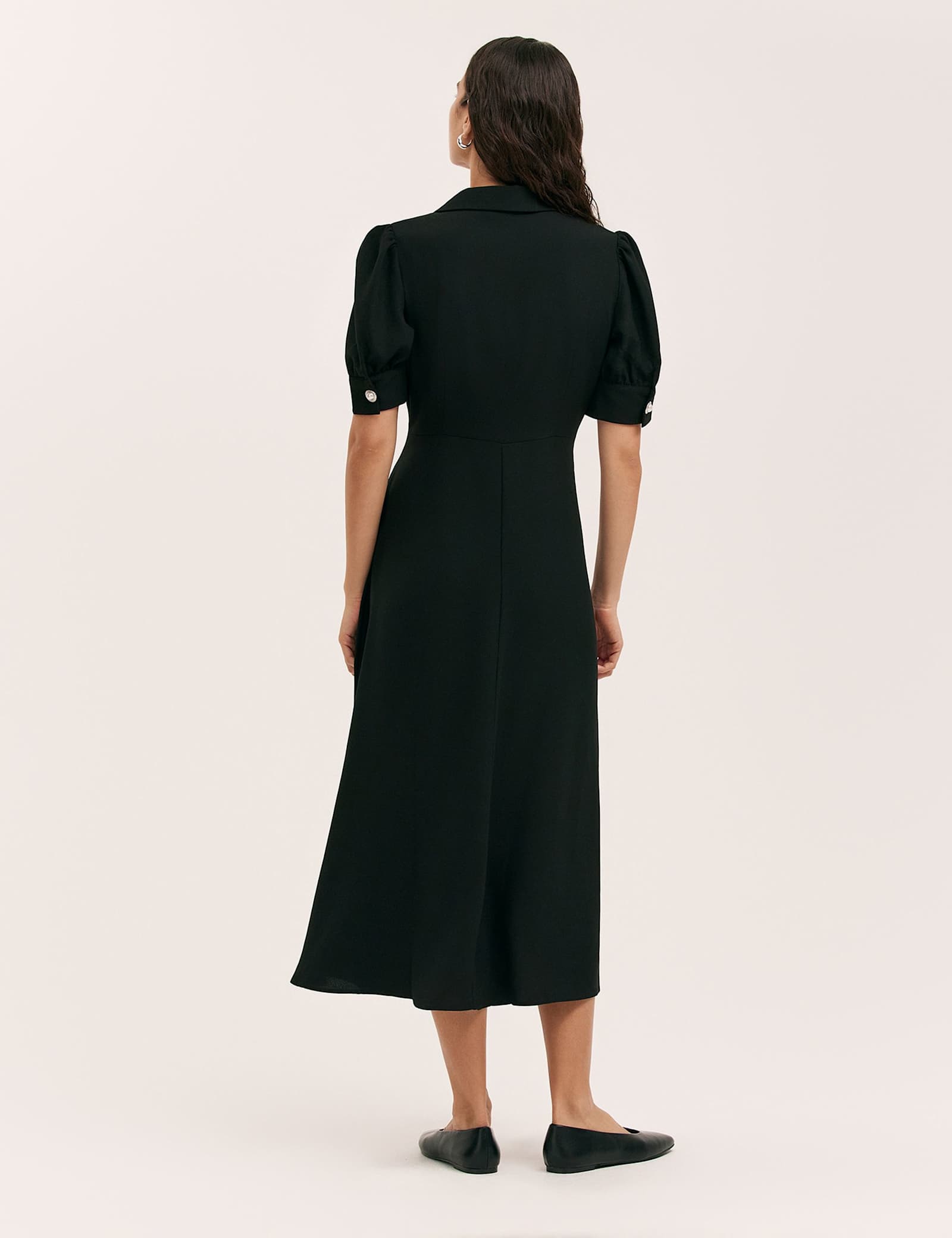 Crepe Collared Puff Sleeve Midi Tea Dress - image 5