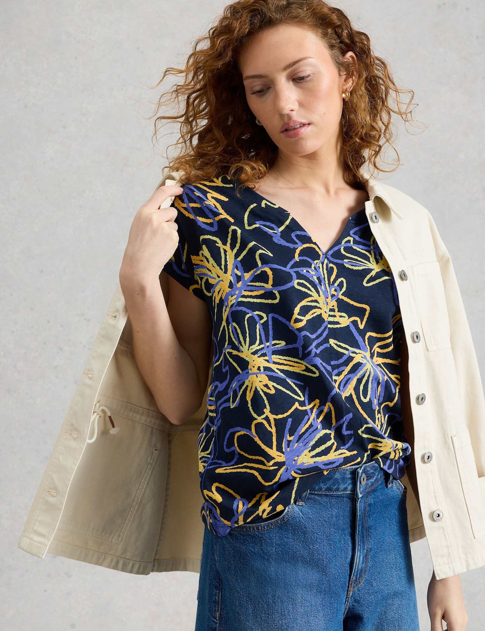 Pure Cotton Print Notch Neck T-Shirt - image 5