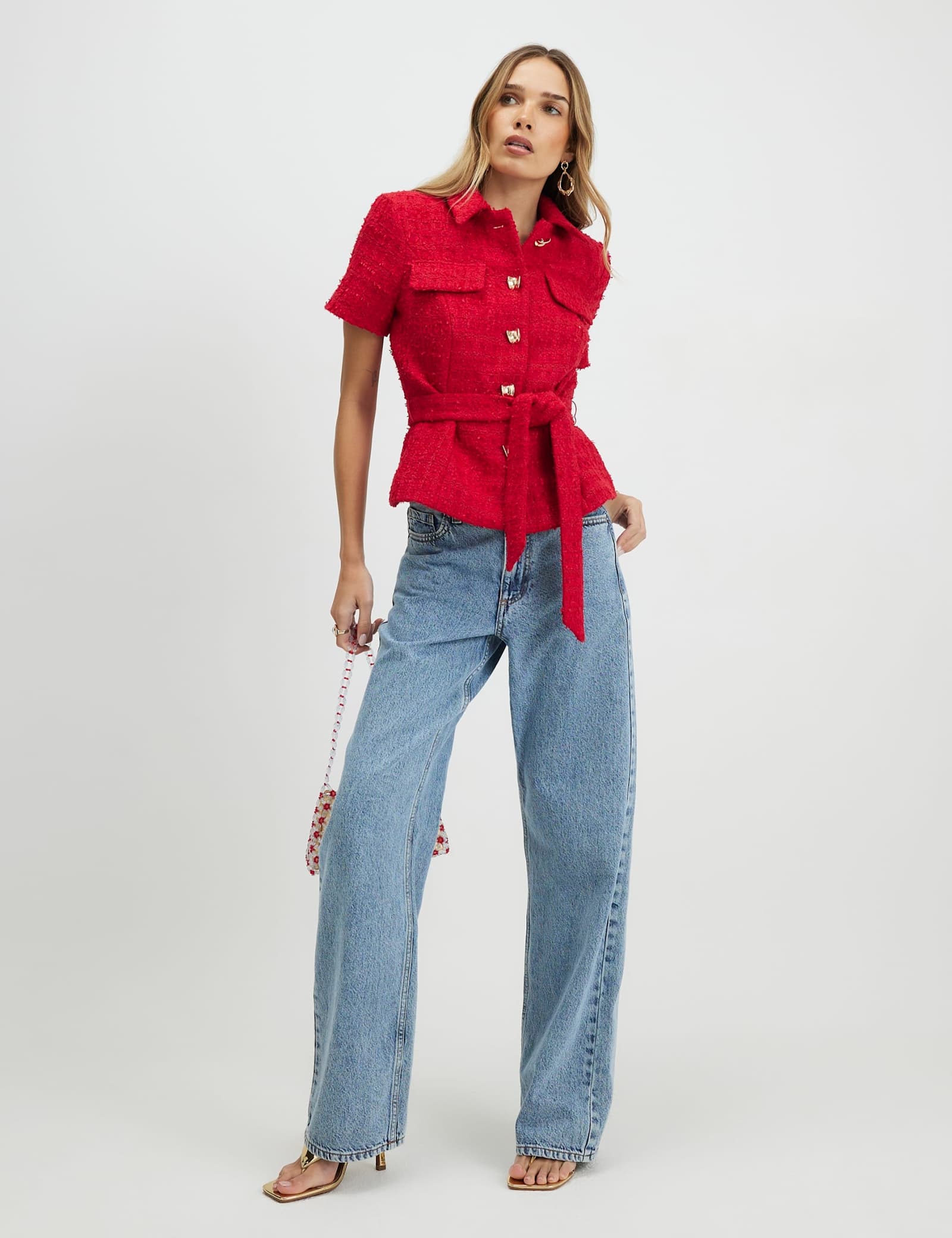 Textured Collared Belted Button Through Top - image 3