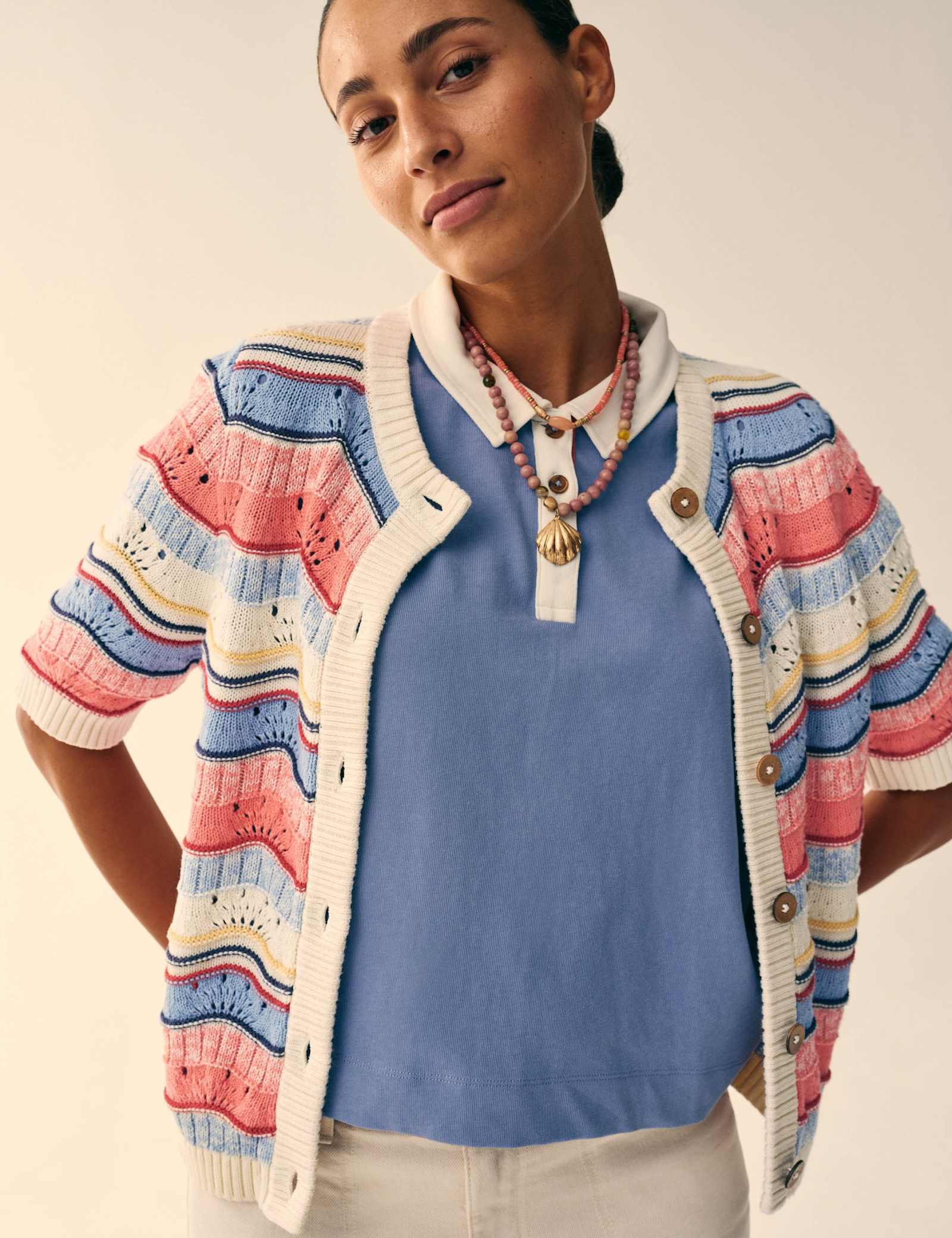 Pure Cotton Striped Pointelle Cardigan - image 2