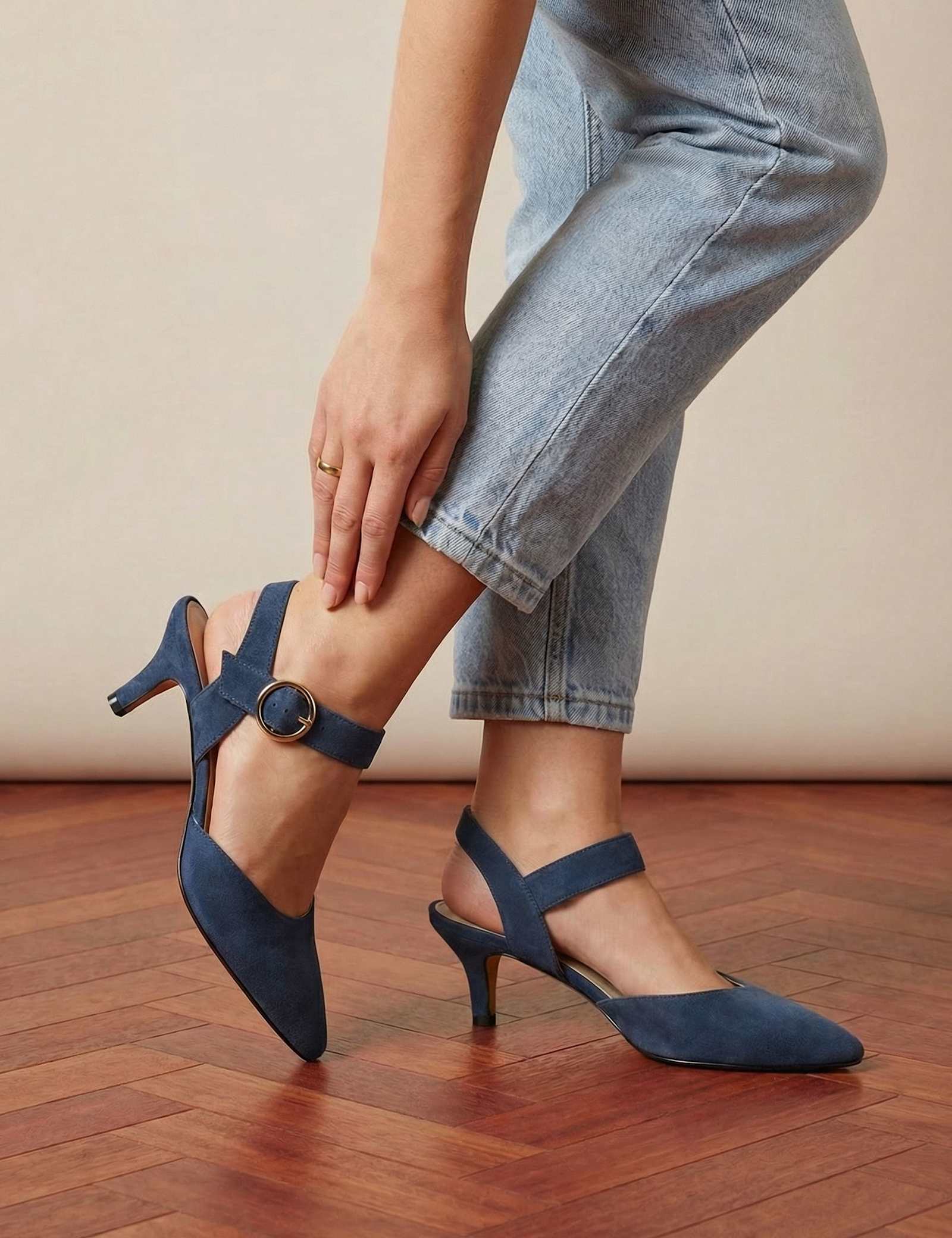 Leather Buckle Kitten Heel Court Shoes - image 1