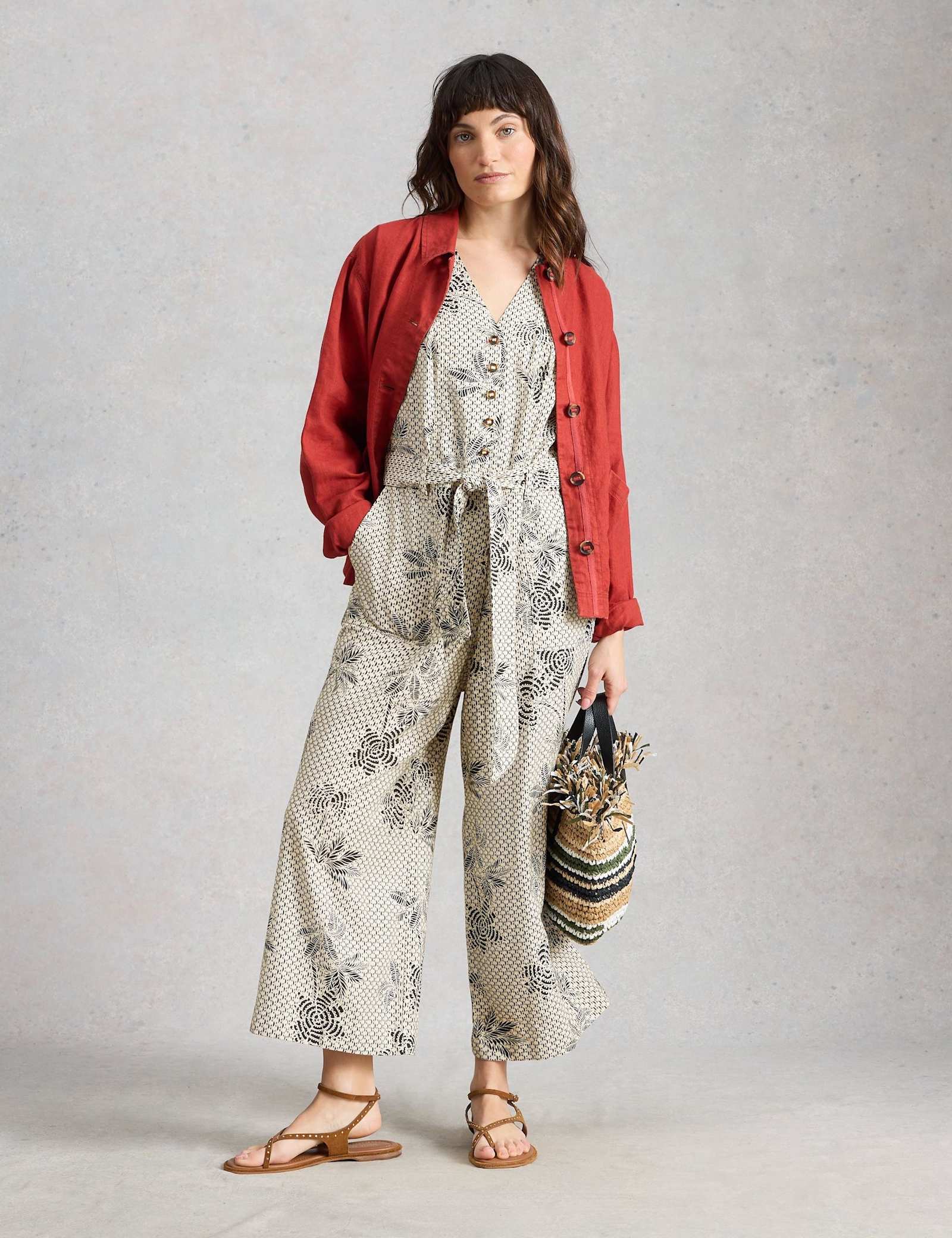 Linen Rich Floral Belted Sleeveless Jumpsuit - image 2