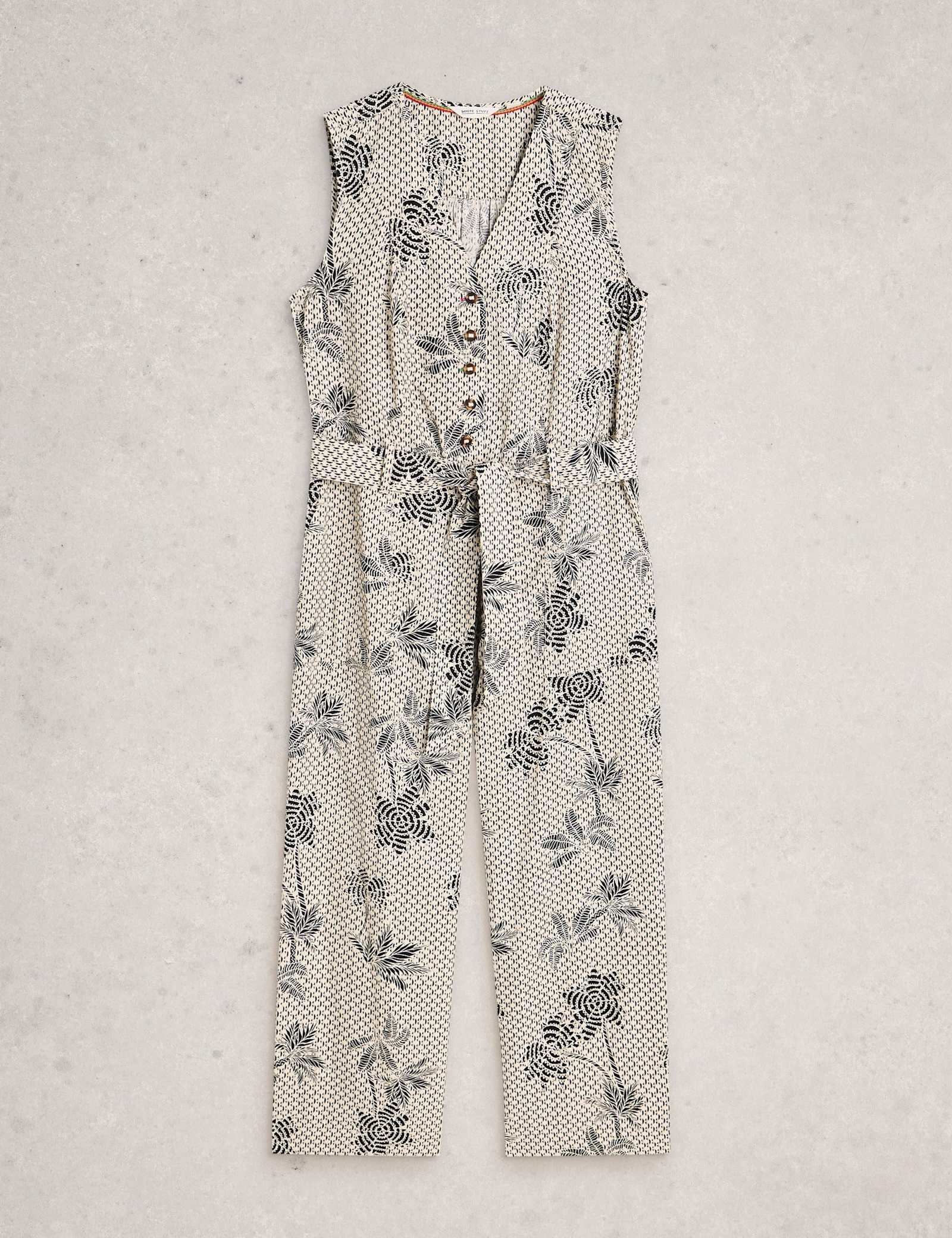 Linen Rich Floral Belted Sleeveless Jumpsuit - image 1