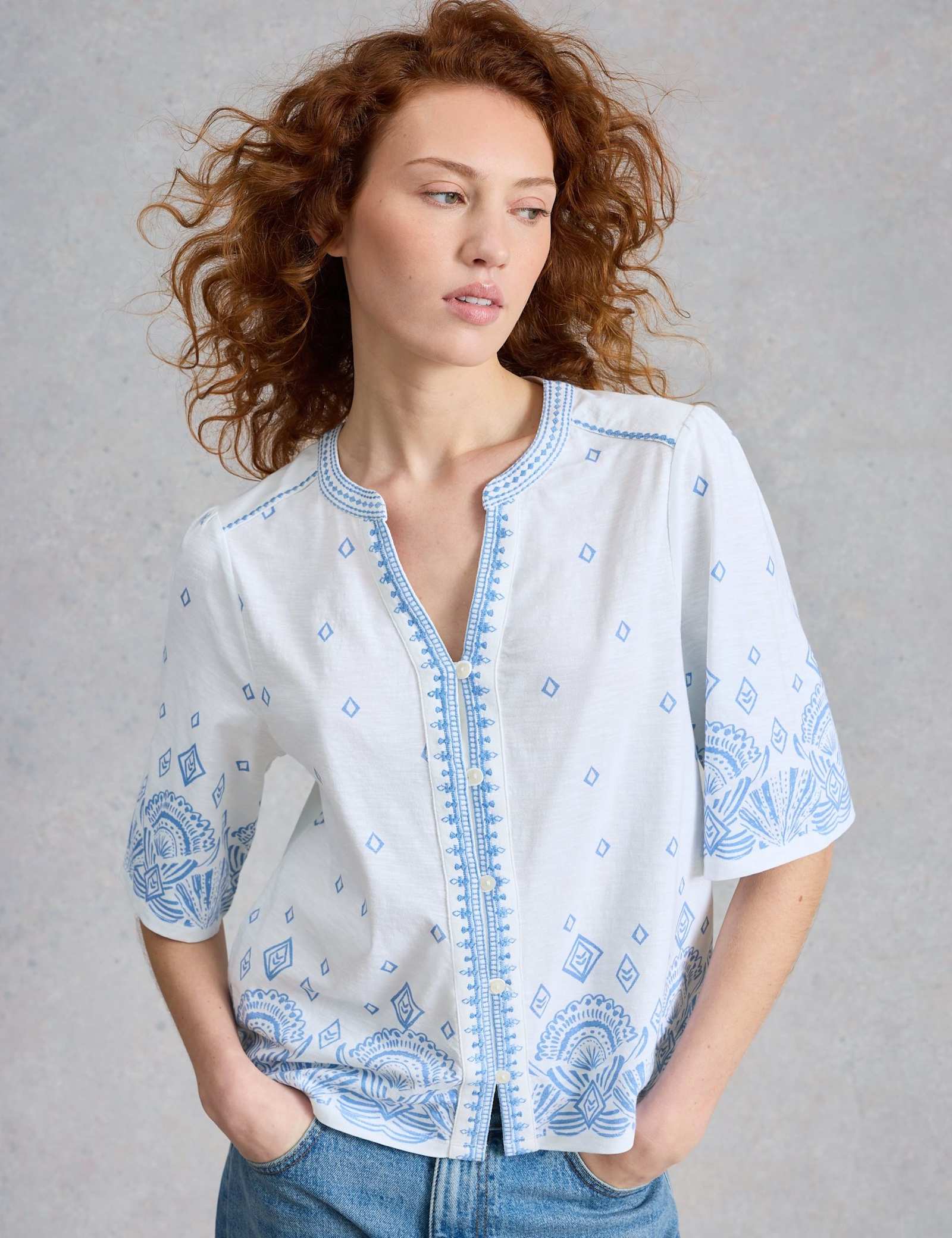 Pure Cotton Embroidered Notch Neck Top - image 3