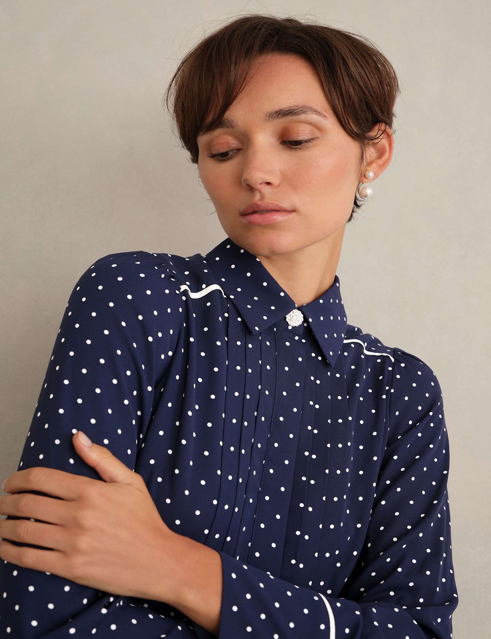 Polka Dot Collared Mini Shirt Dress - image 4