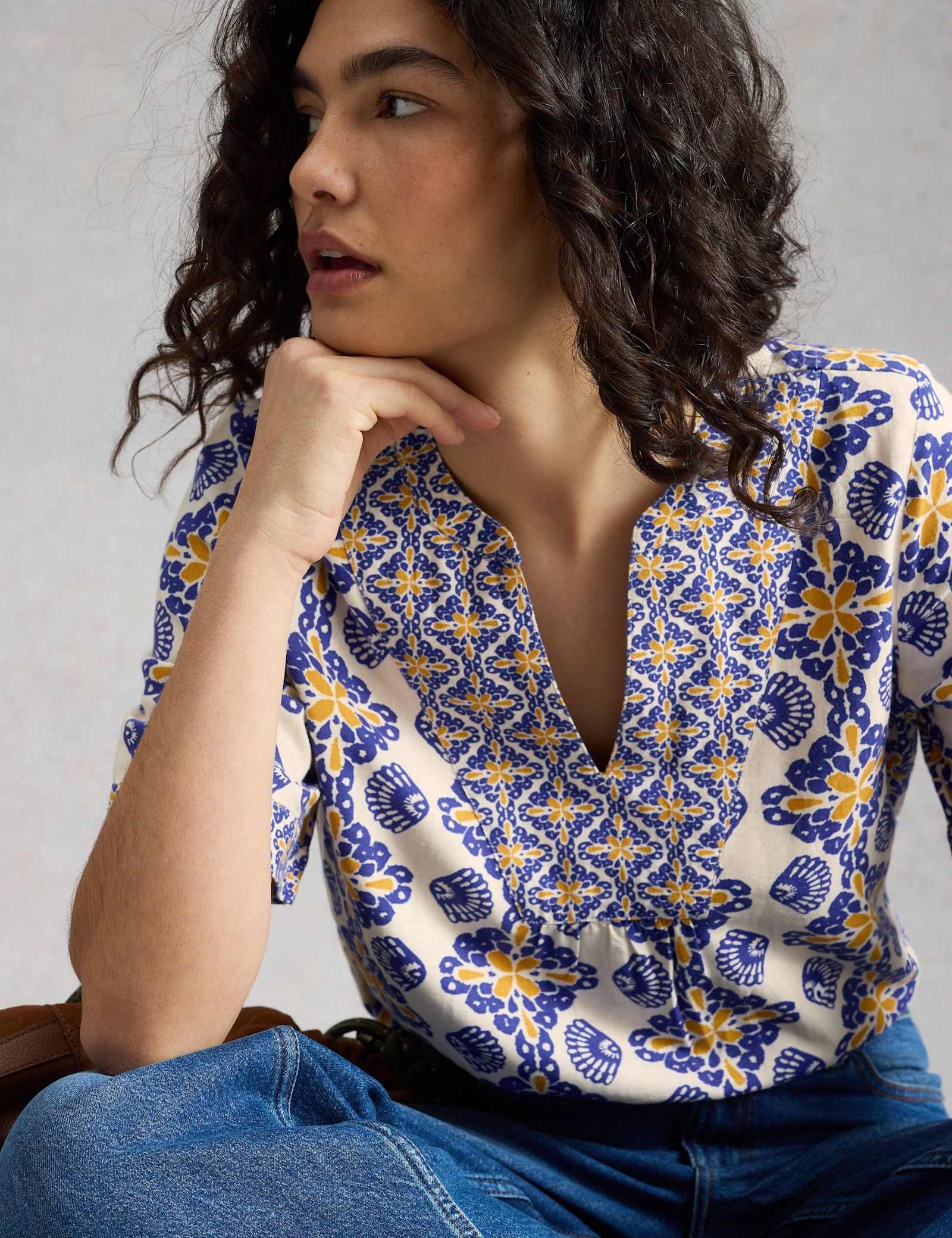 Linen Rich Printed Notch Neck Top - image 5