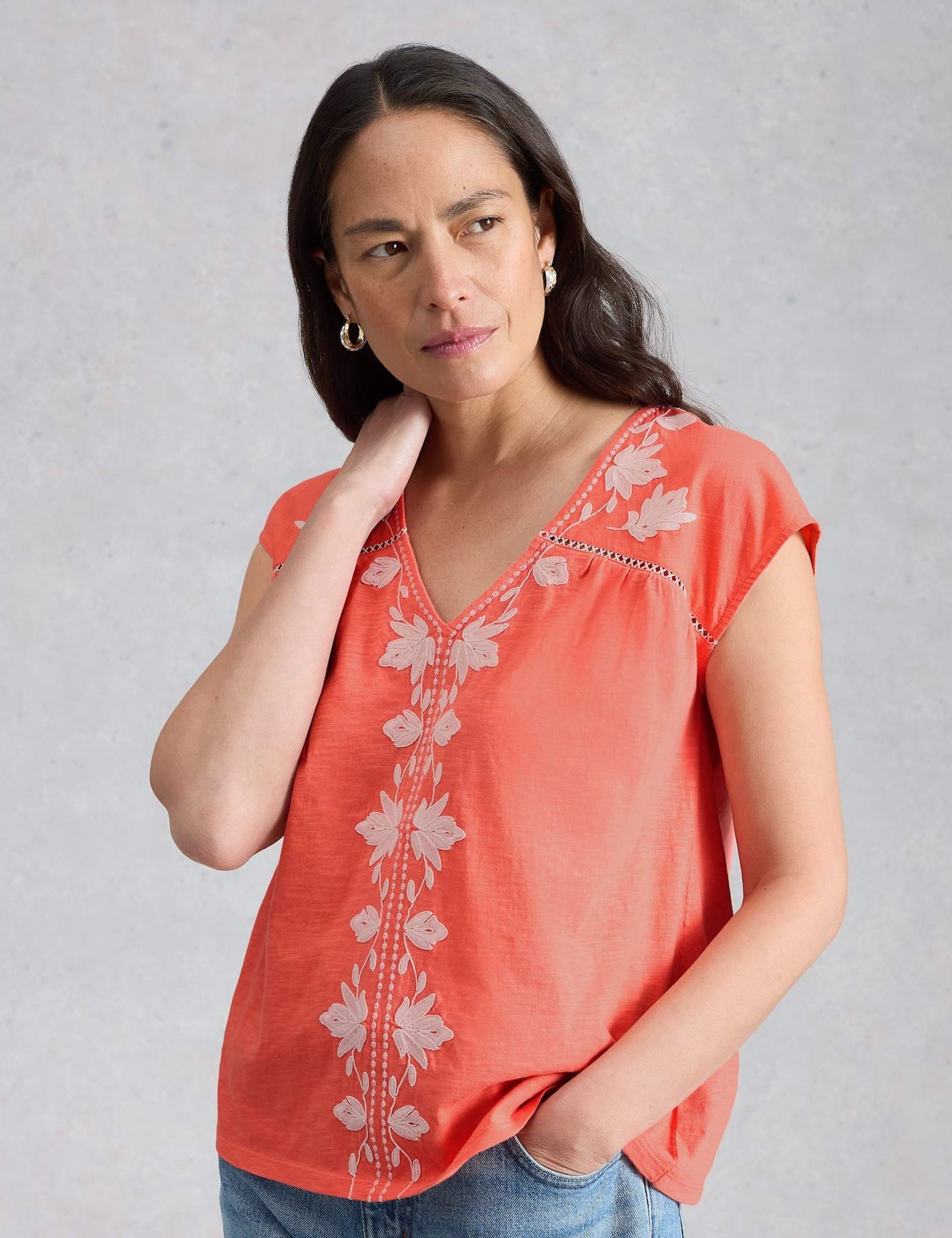 Pure Cotton Embroidered Floral Lace Insert Top - image 3