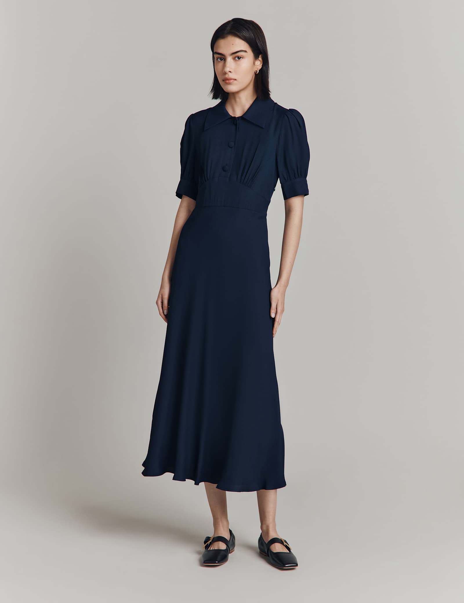 Crepe Puff Sleeve Midi Tea Dress - image 3