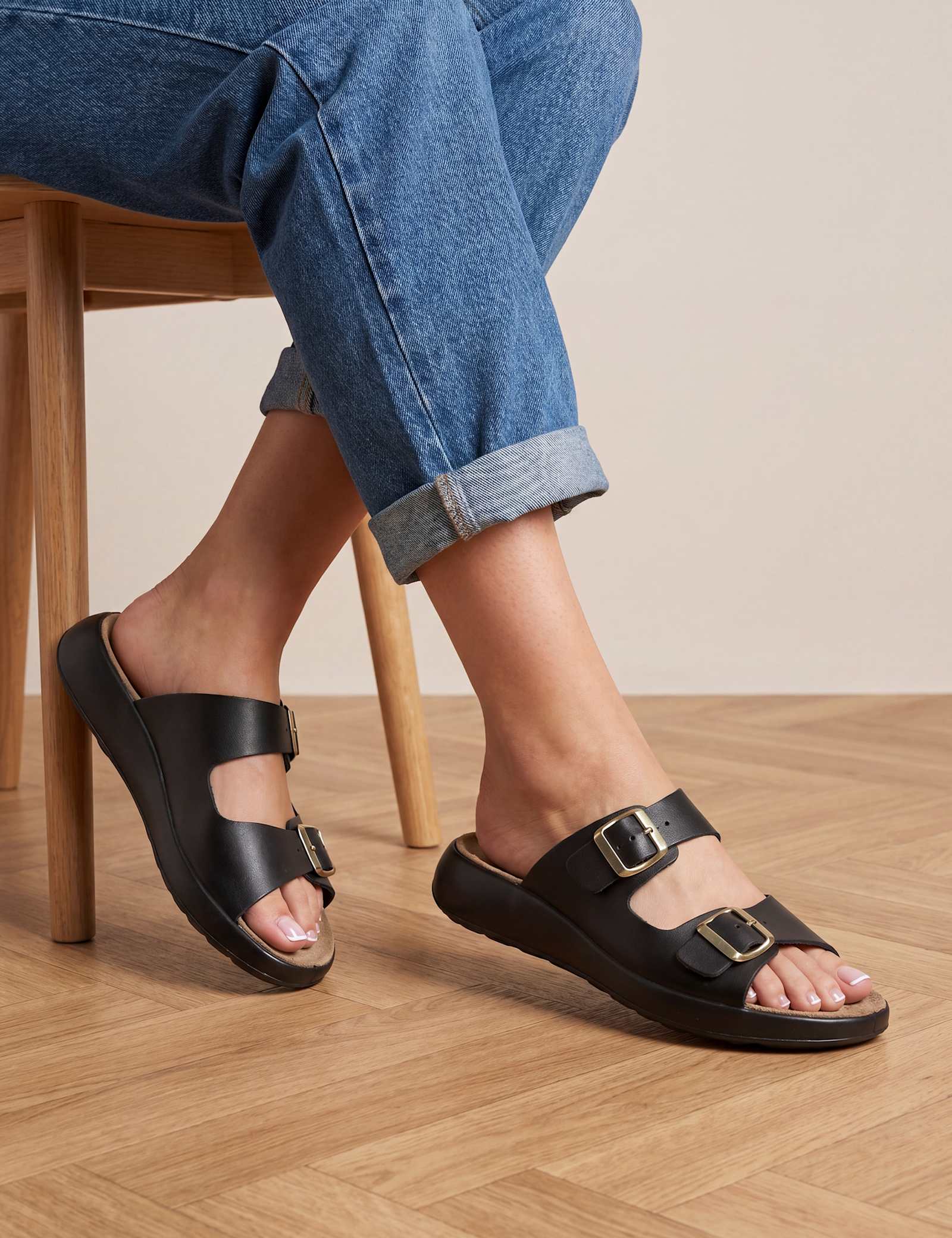 Leather Buckle Flatform Sliders - image 1