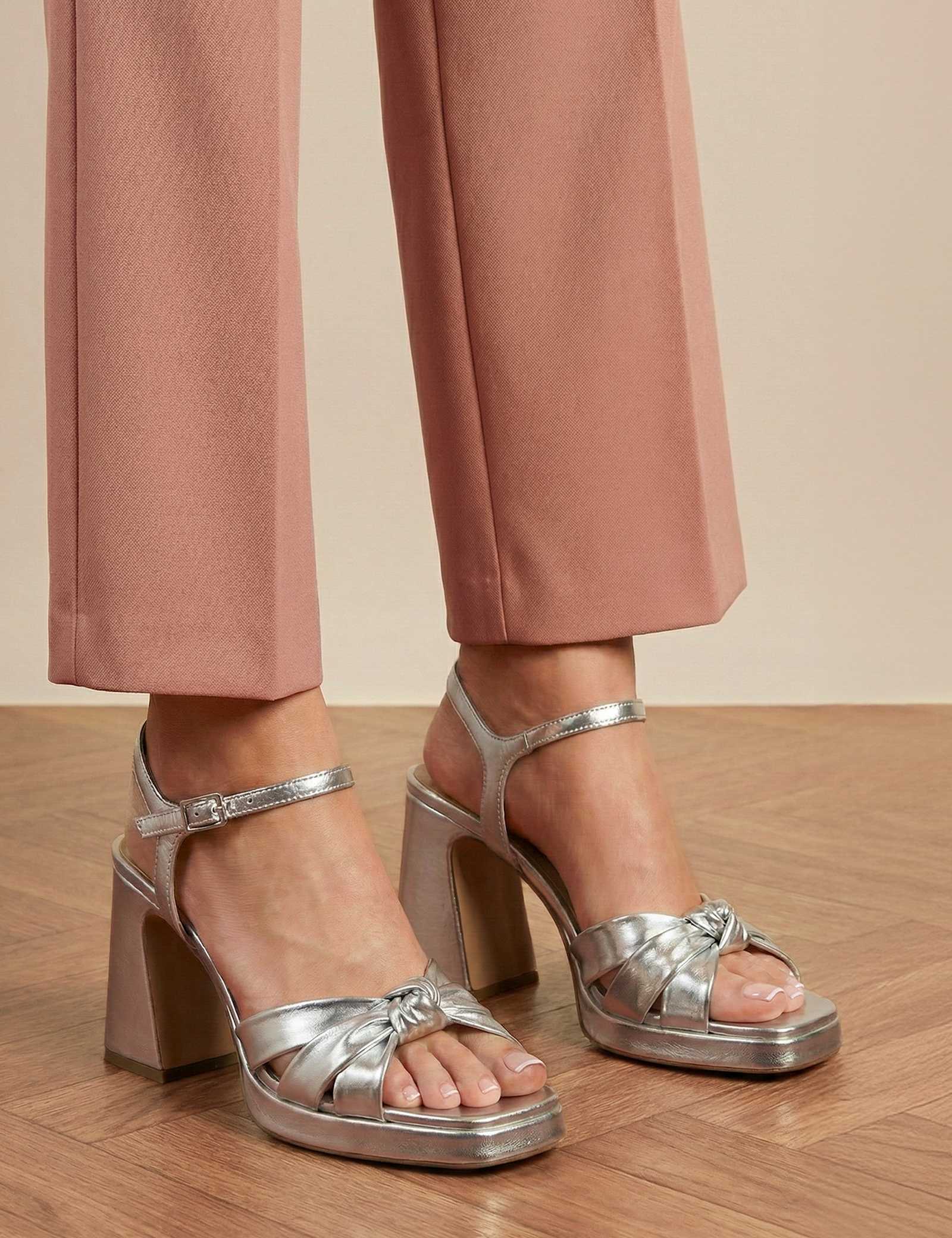 Leather Metallic Block Heel Open Toe Sandals - image 1
