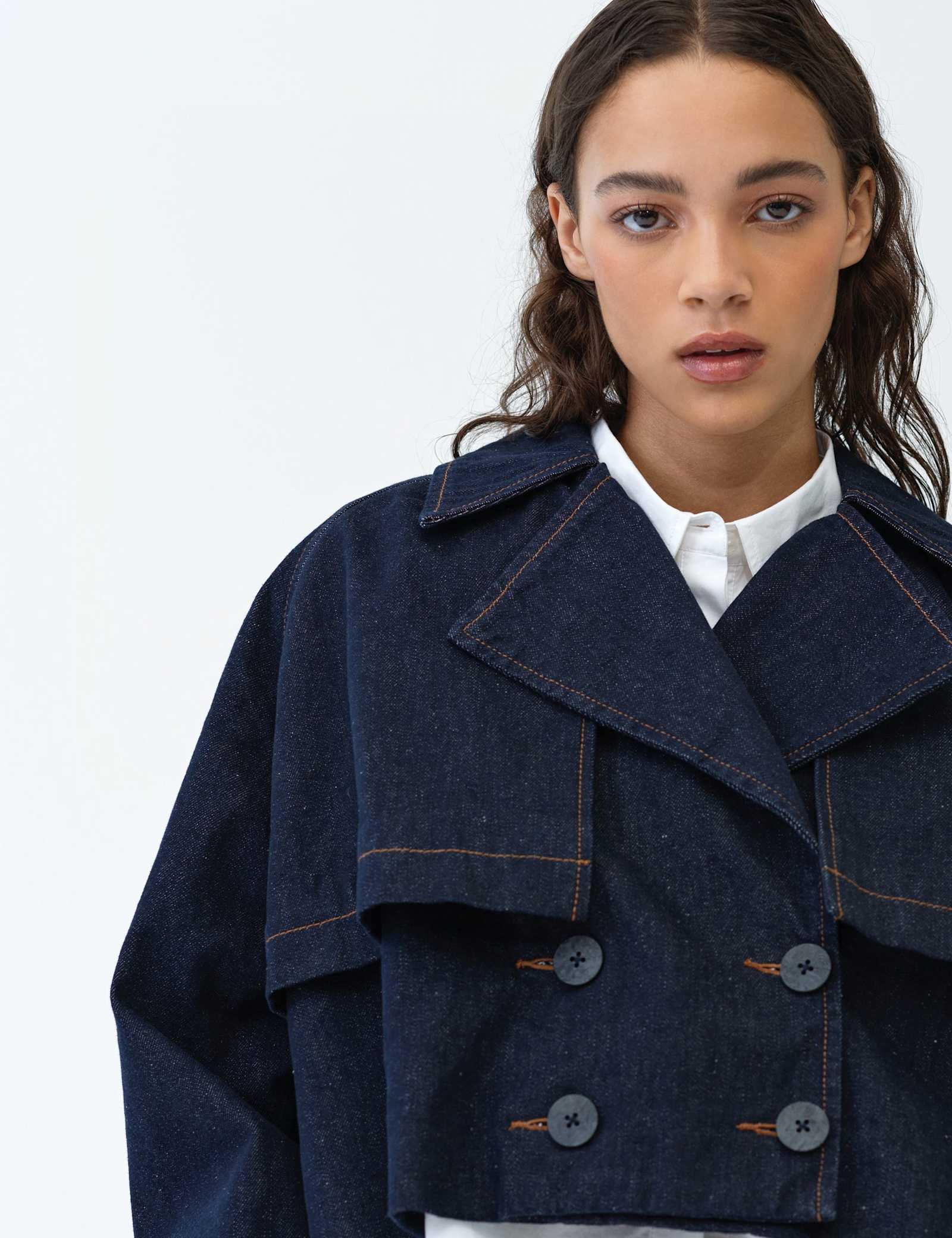 Denim Cropped Trench Coat - image 3