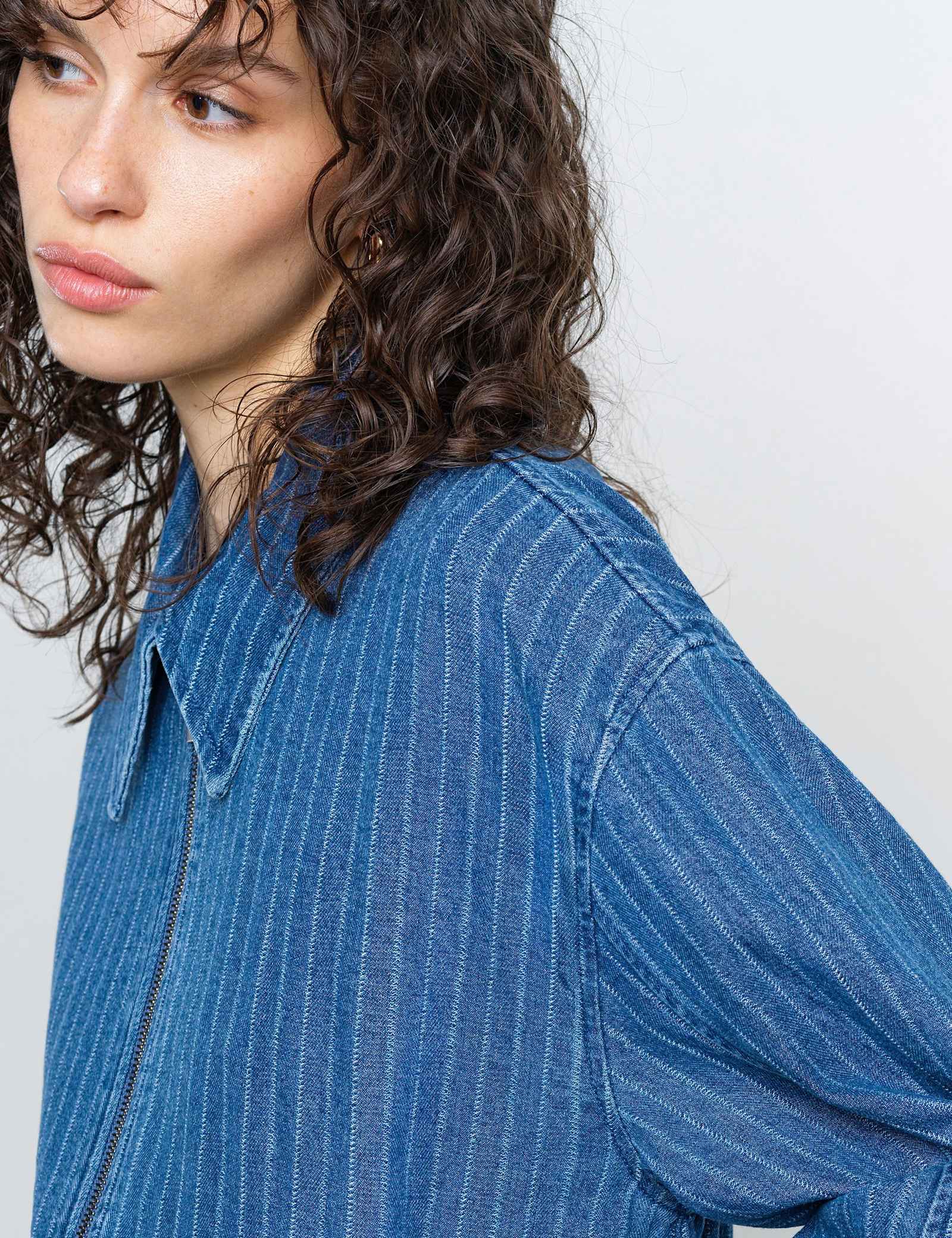 Denim Pinstriped Bomber Jacket - image 3