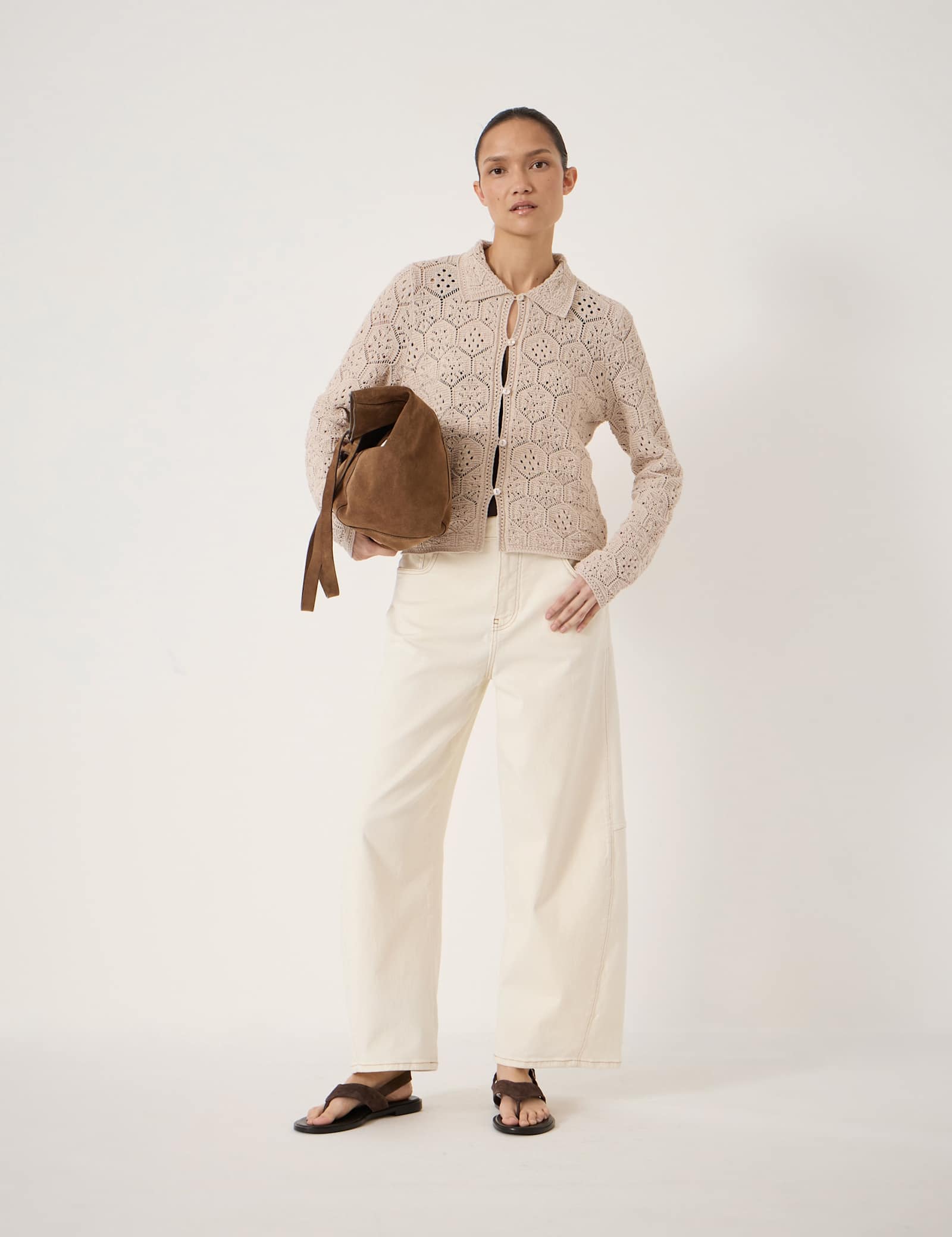 Pure Cotton Open Knit Collared Cardigan - image 5