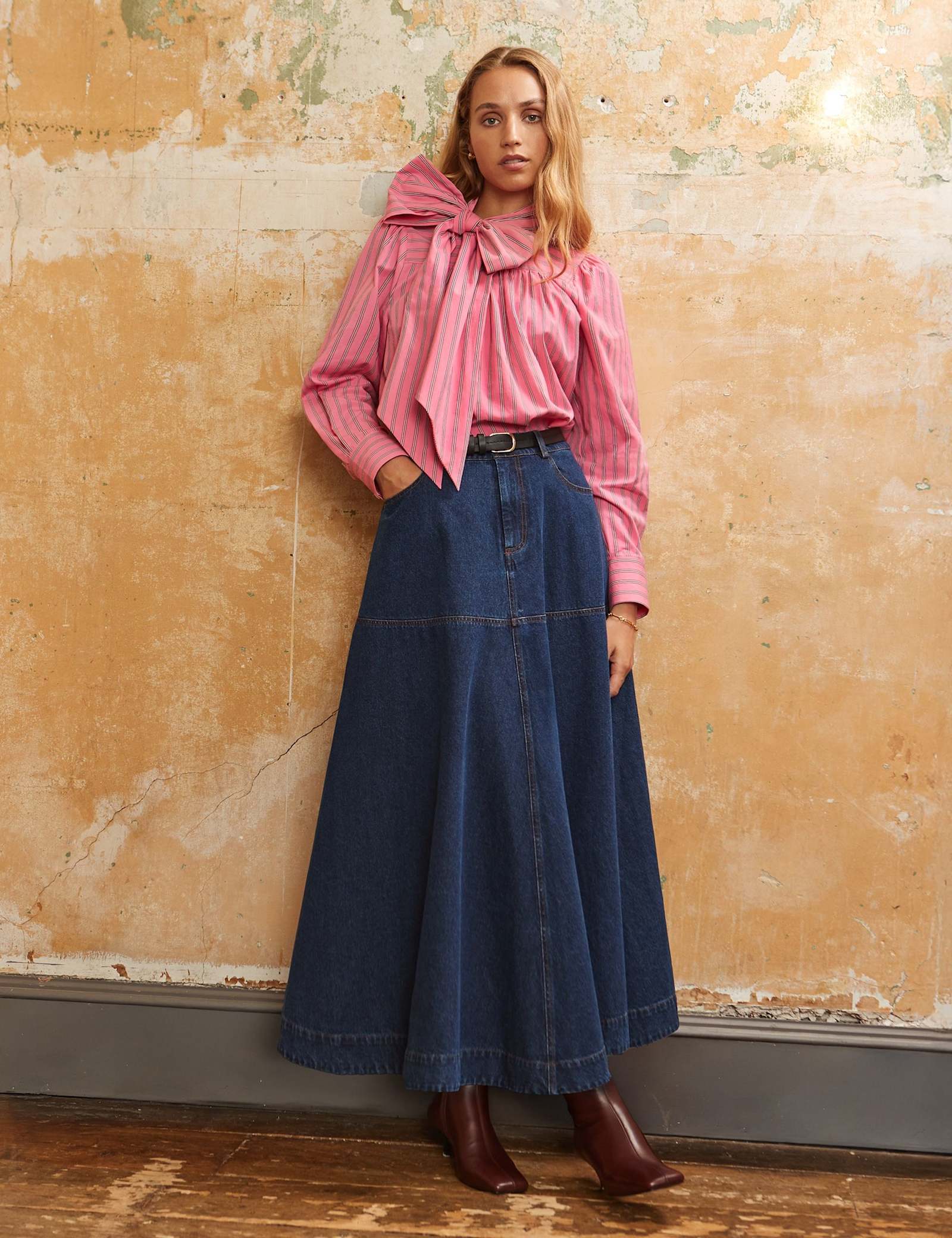Pure Cotton Striped Tie Neck Blouse - image 1