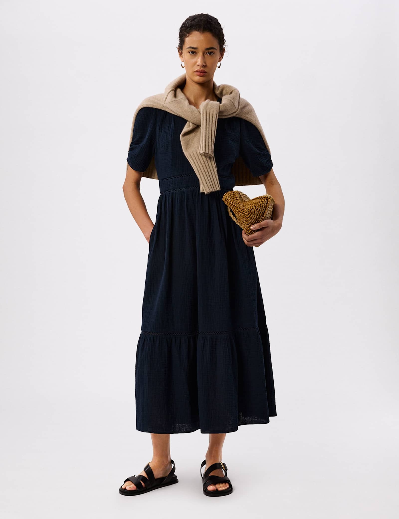 Pure Cotton Textured V-Neck Midi Relaxed Dress - image 3