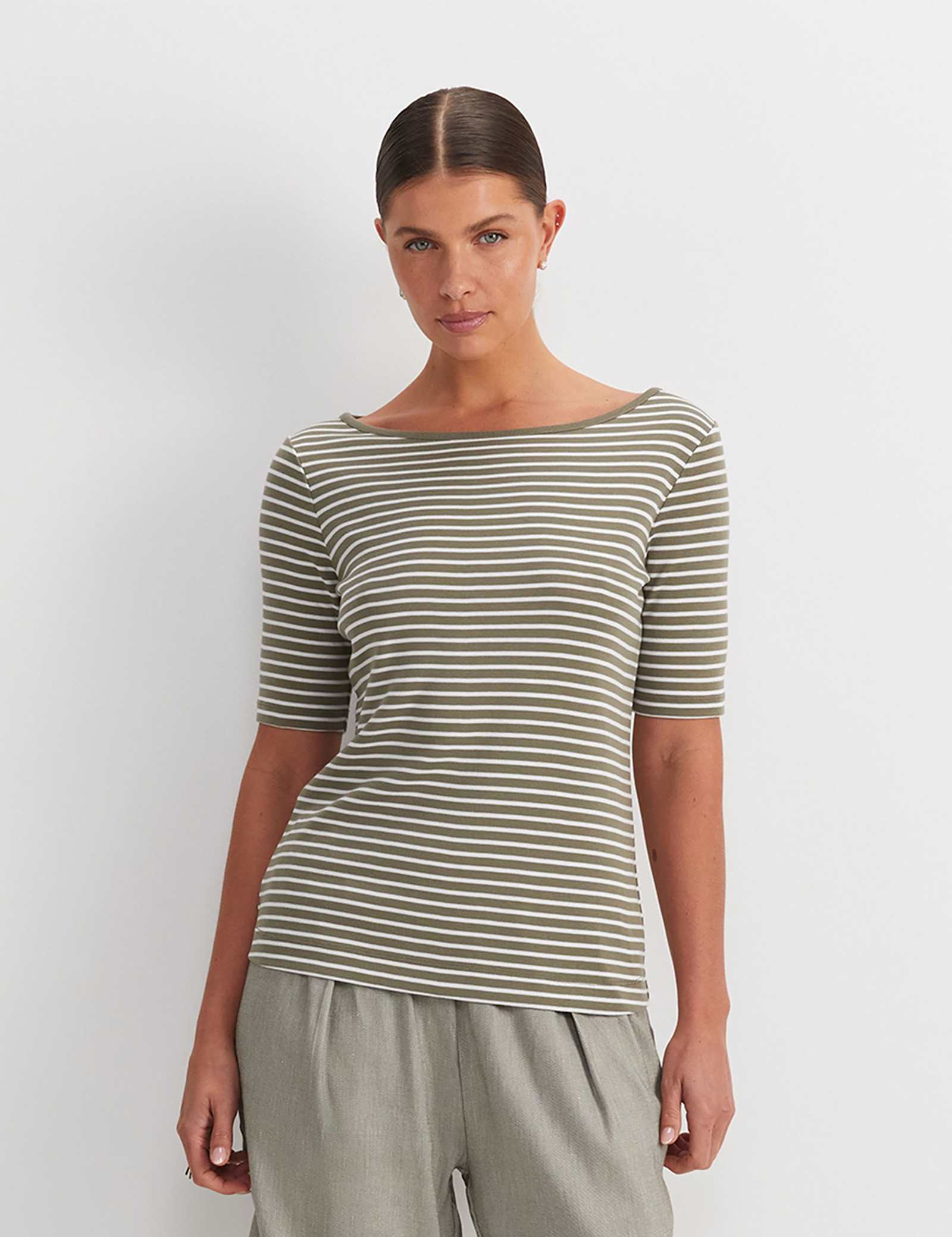 Pure Cotton Striped Slash Neck T-Shirt - image 1