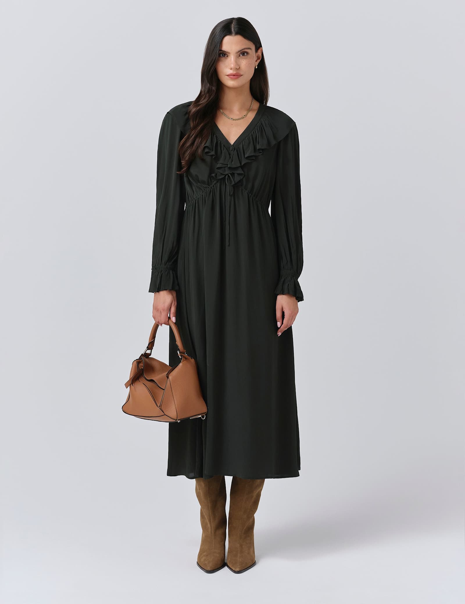 Crepe V-Neck Tie Waist Midi Dress - image 1