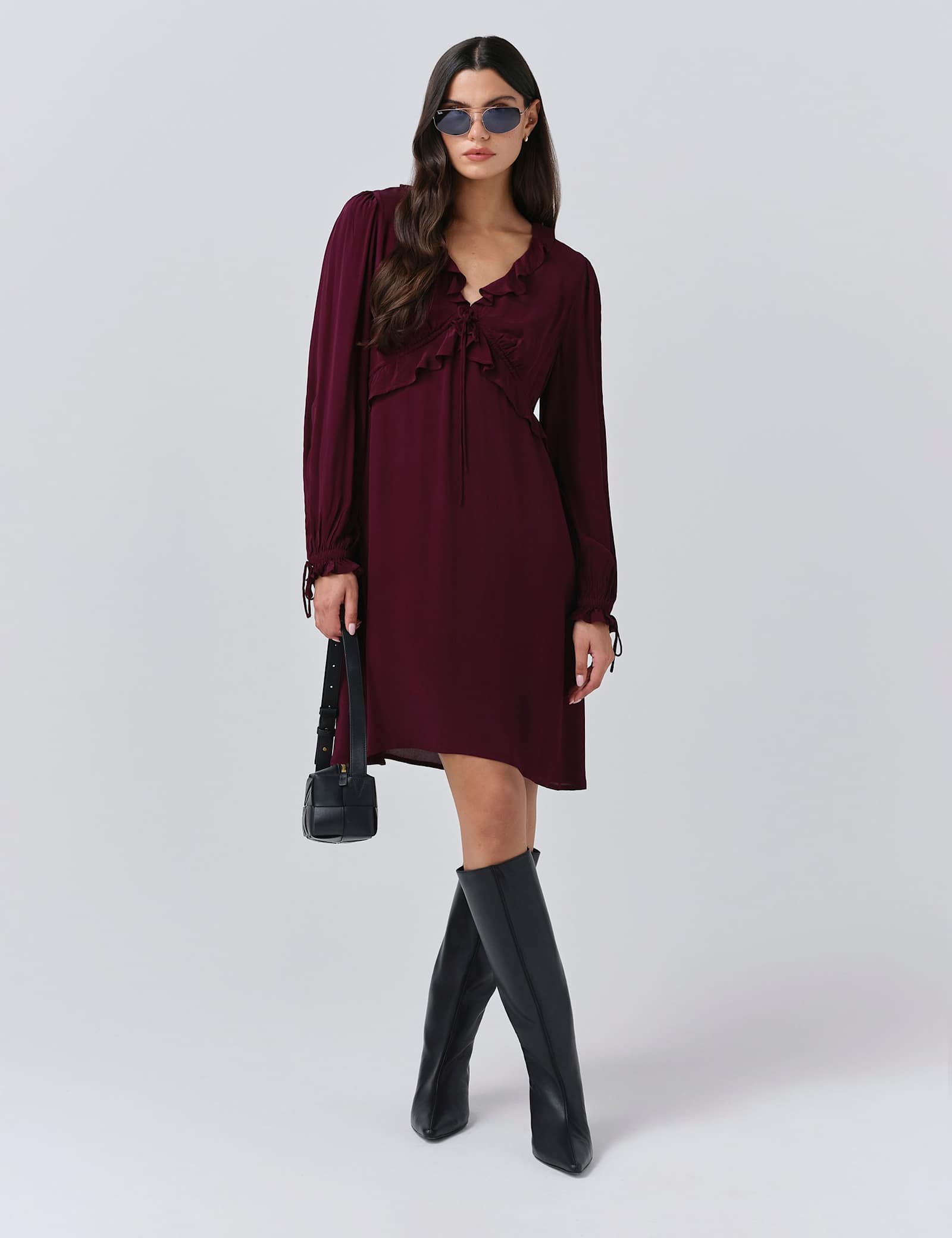 Crepe V-Neck Frill Detail Mini Dress - image 3