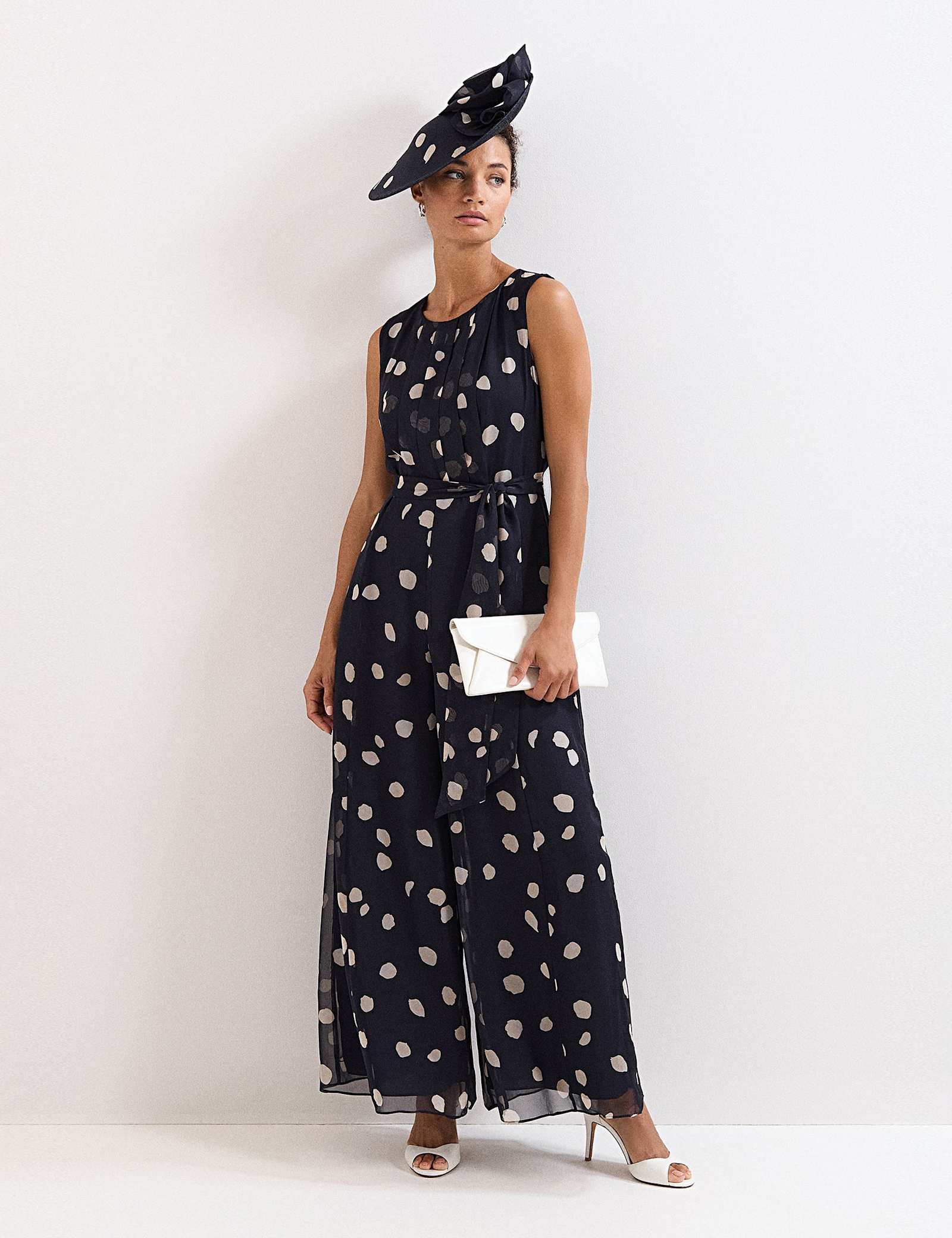 Chiffon Polka Dot Belted Wide Leg Jumpsuit - image 2