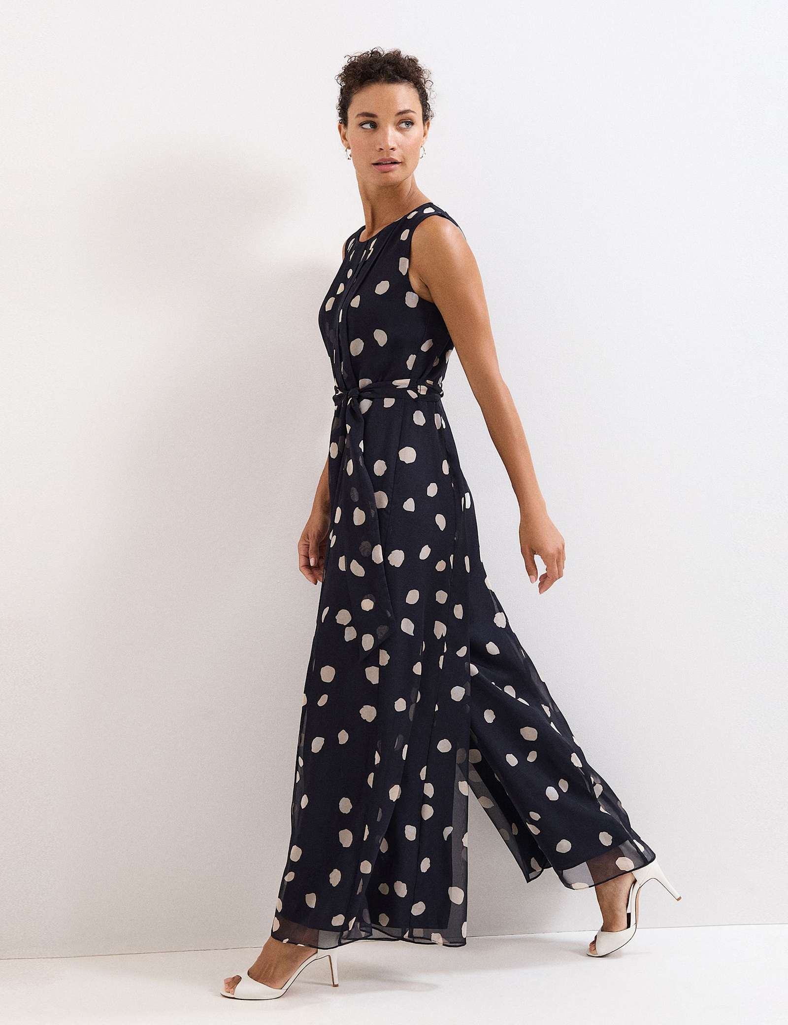Chiffon Polka Dot Belted Wide Leg Jumpsuit - image 3