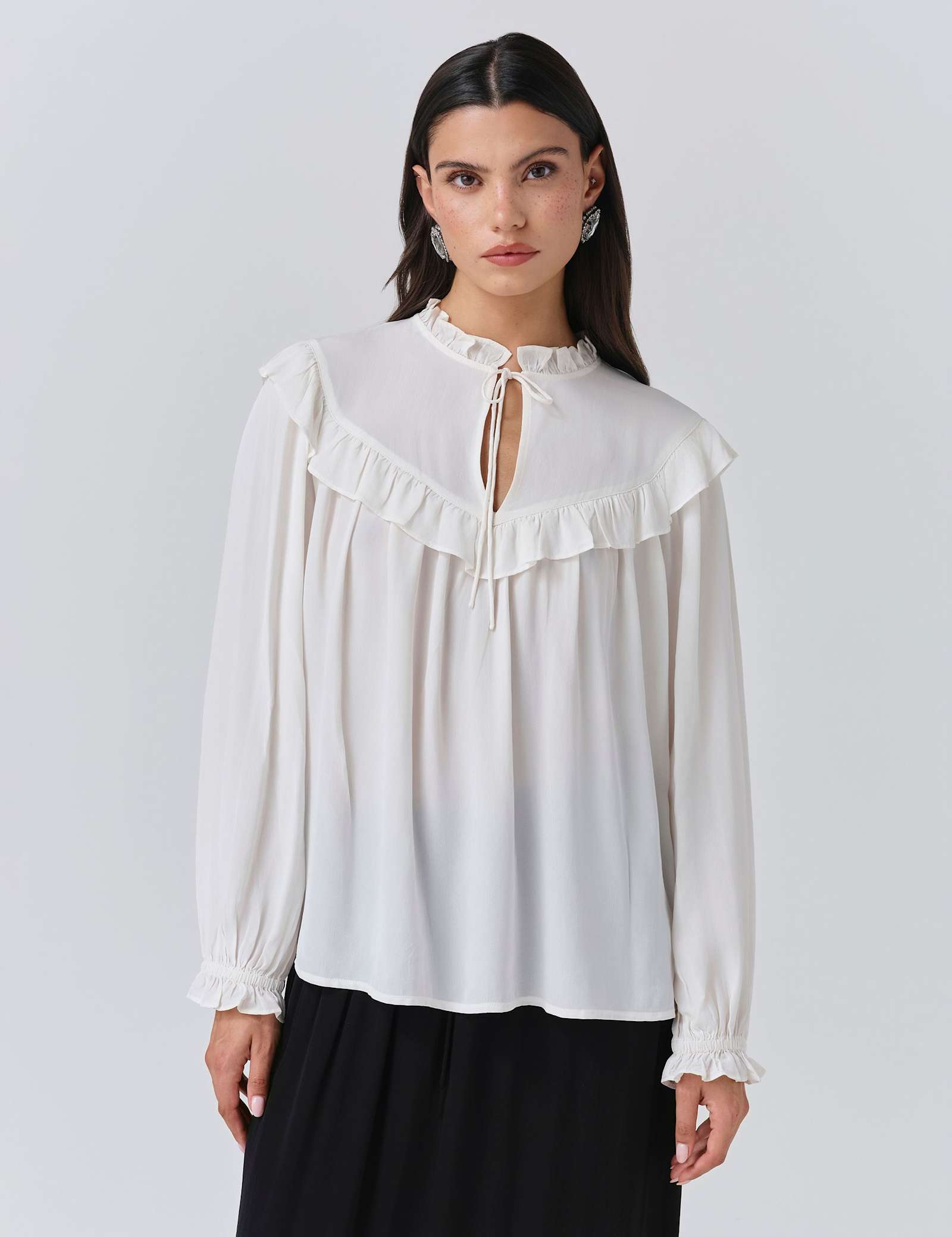 Crepe Tie Neck Ruffle Blouson Sleeve Blouse - image 2
