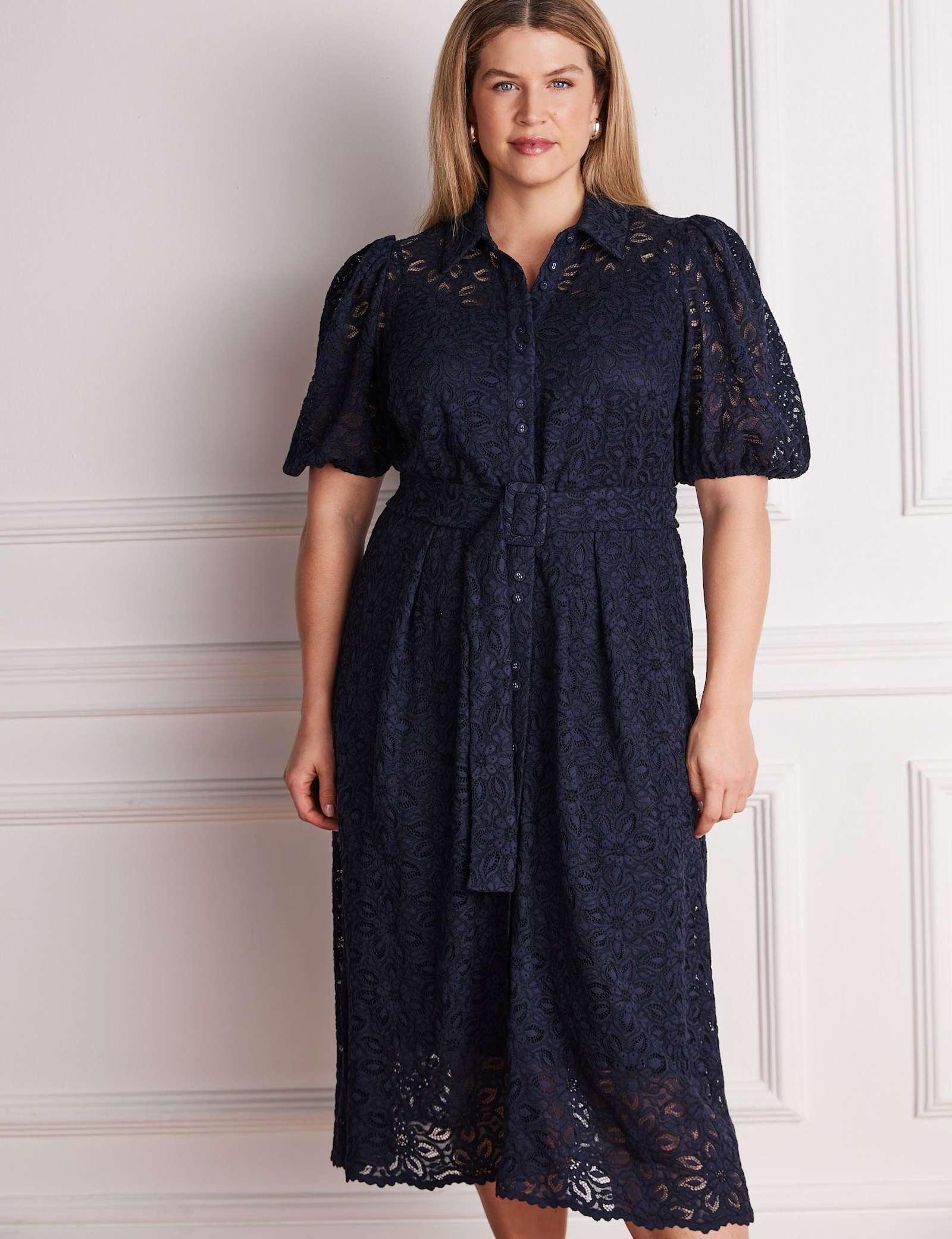 Lace Belted Puff Sleeve Midi Shirt Dress - image 5