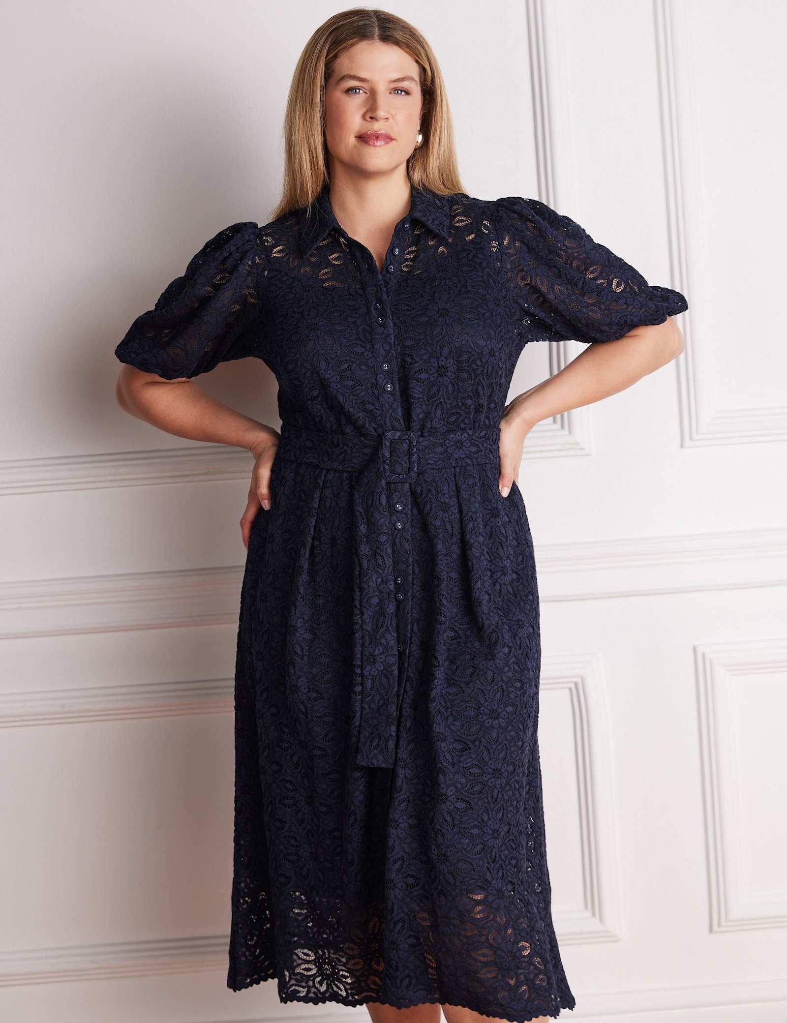 Lace Belted Puff Sleeve Midi Shirt Dress - image 4