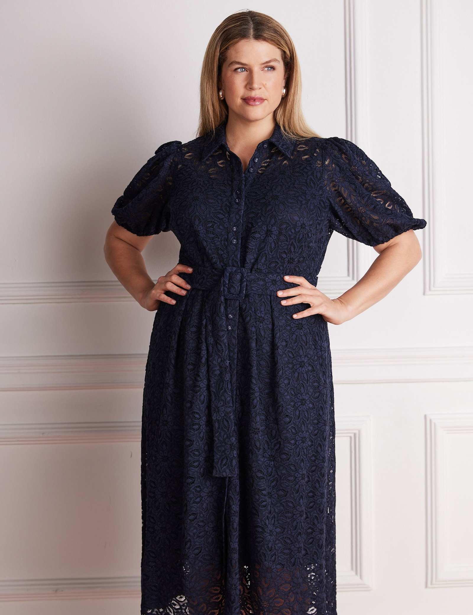 Lace Belted Puff Sleeve Midi Shirt Dress - image 3