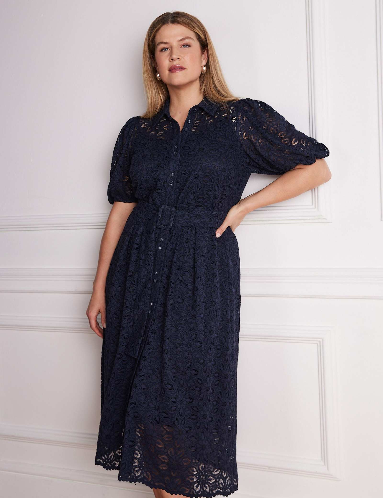 Lace Belted Puff Sleeve Midi Shirt Dress - image 2