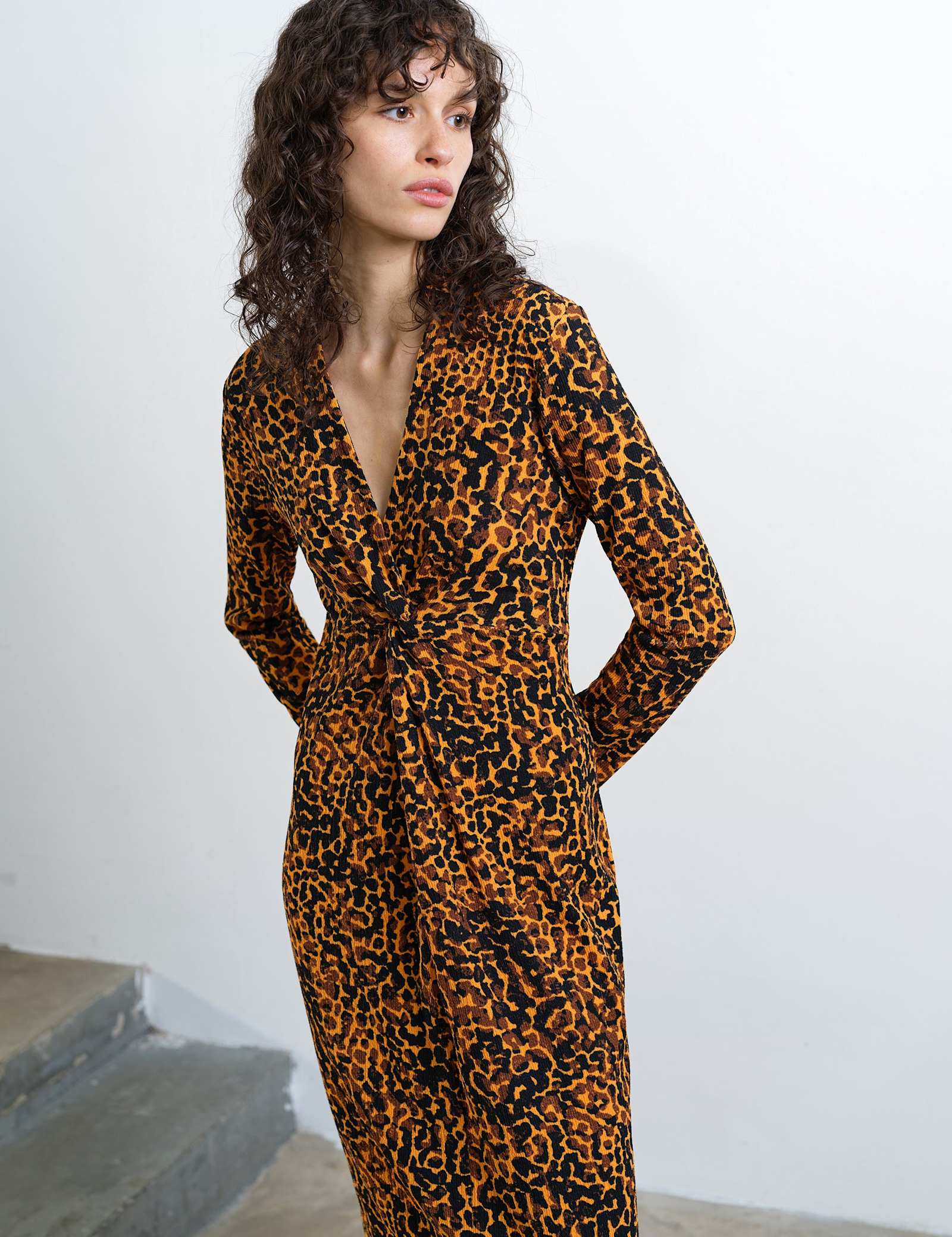 Animal Print Textured Collared Midi Column Dress - image 4