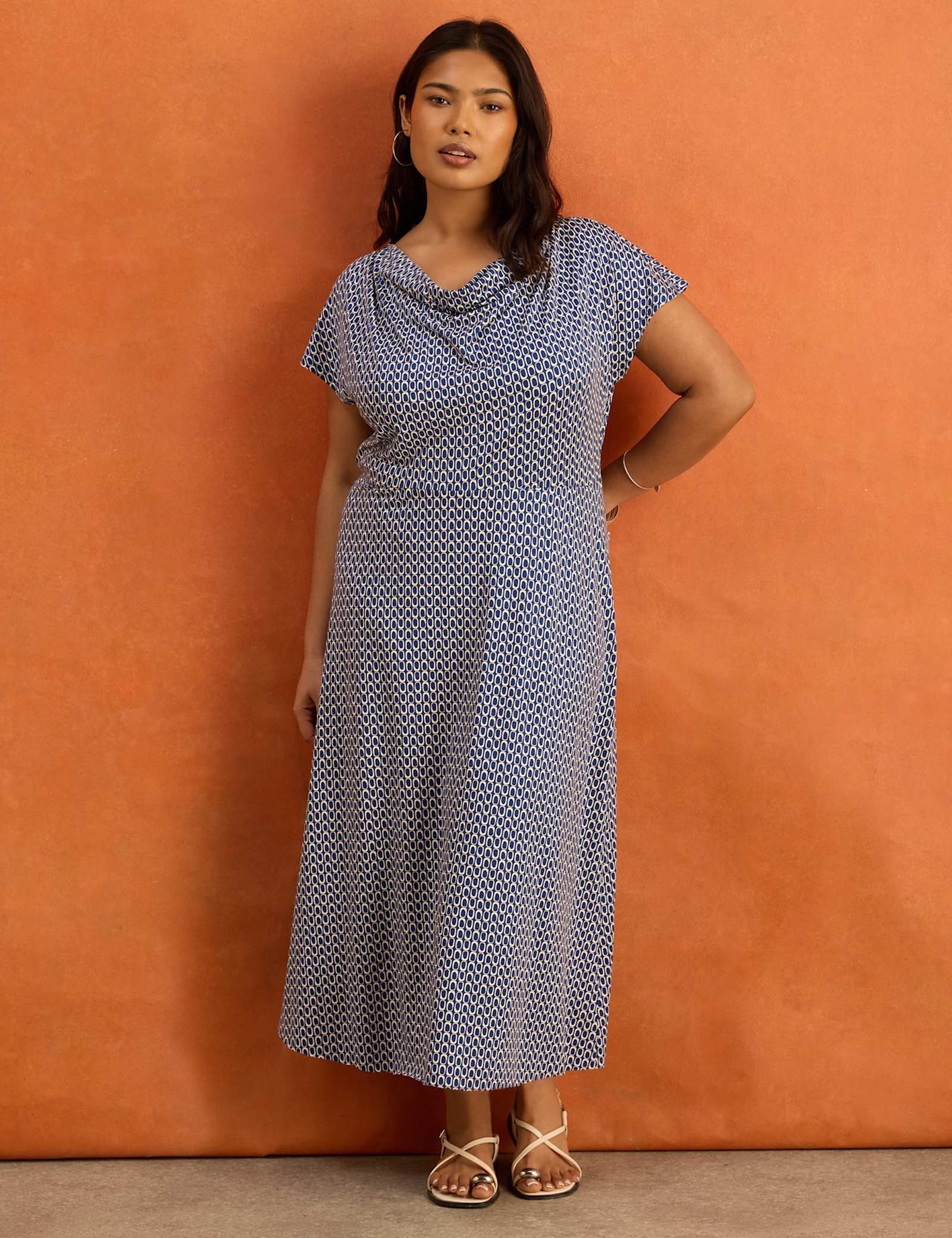 Jersey Geometric Cowl Neck Maxi Skater Dress - image 1
