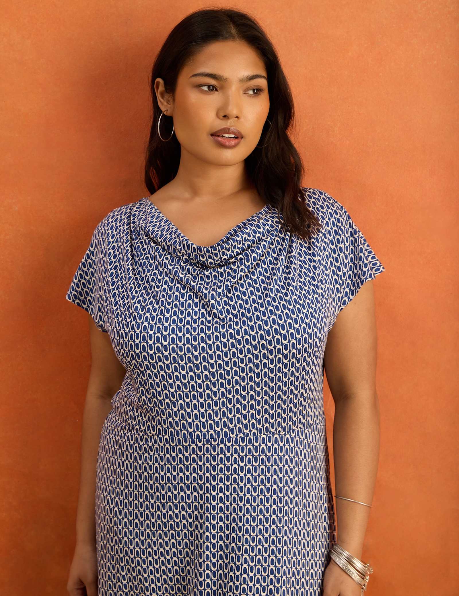 Jersey Geometric Cowl Neck Maxi Skater Dress - image 3