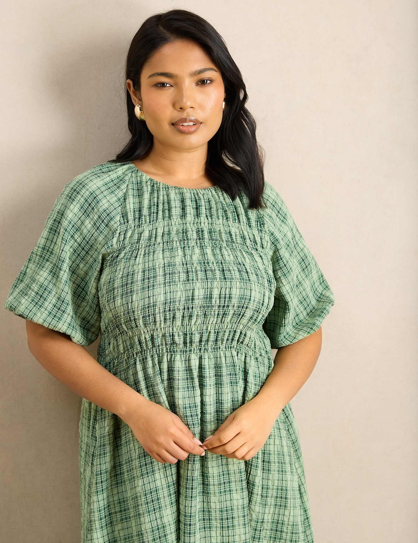Cotton Rich Checked Maxi Shirred Dress - image 4