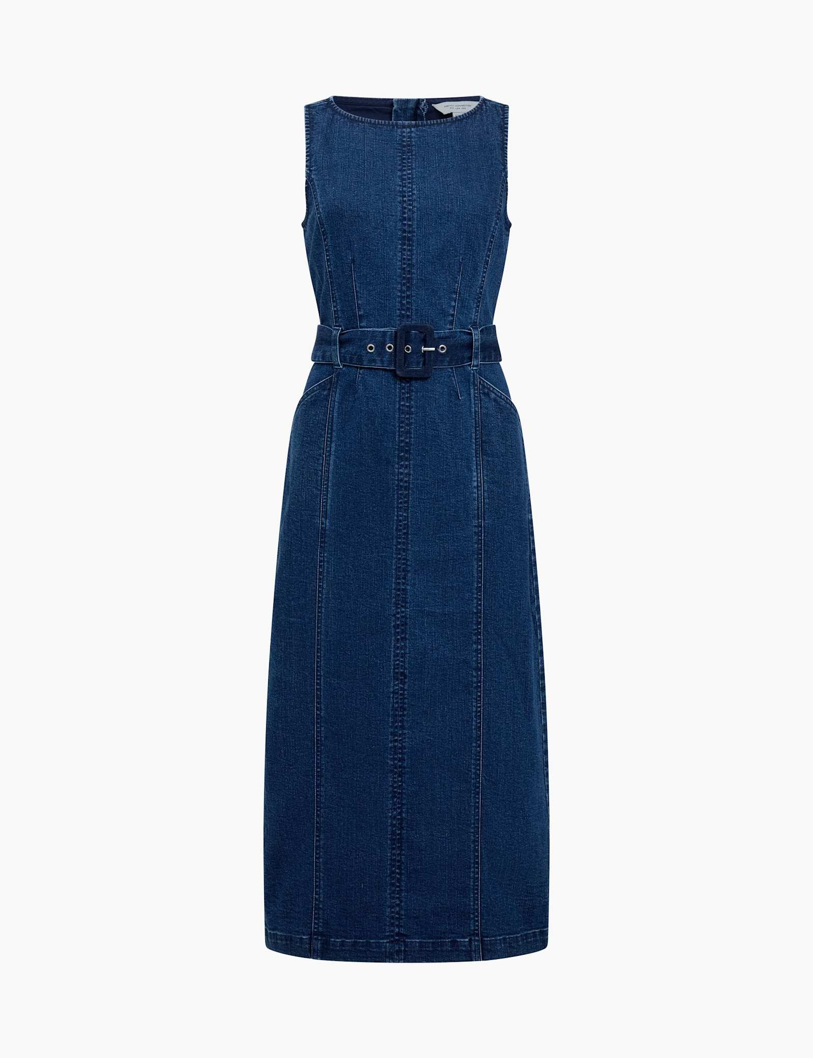 Denim Slash Neck Belted Midi Column Dress - image 1