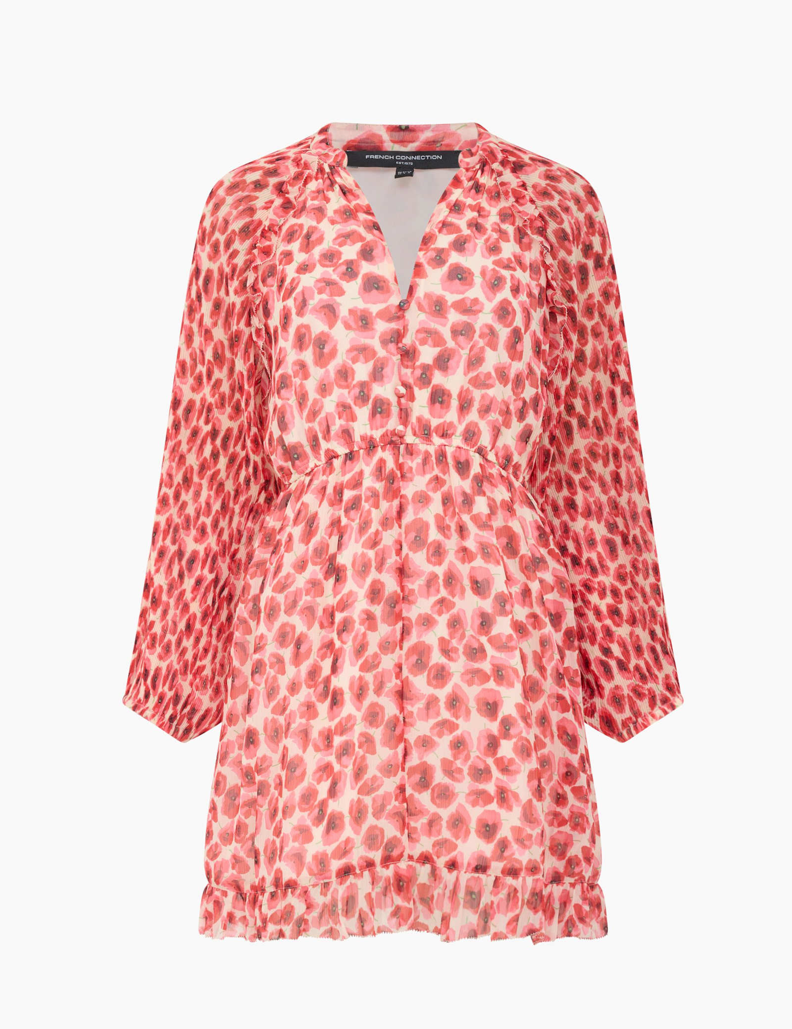 Plisse Floral V-Neck Ruffle Mini Shift Dress