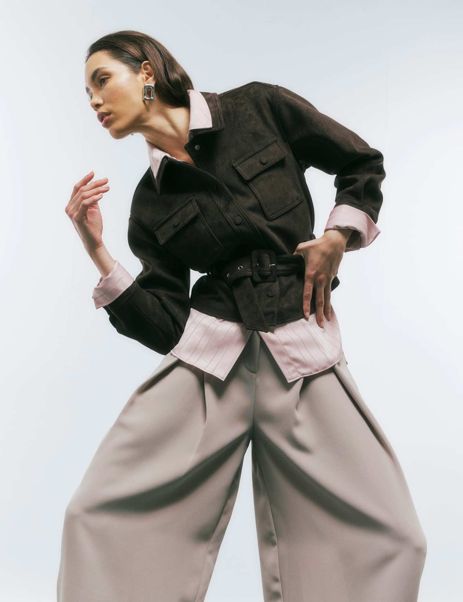 Faux Suede Belted Utility Jacket - image 1