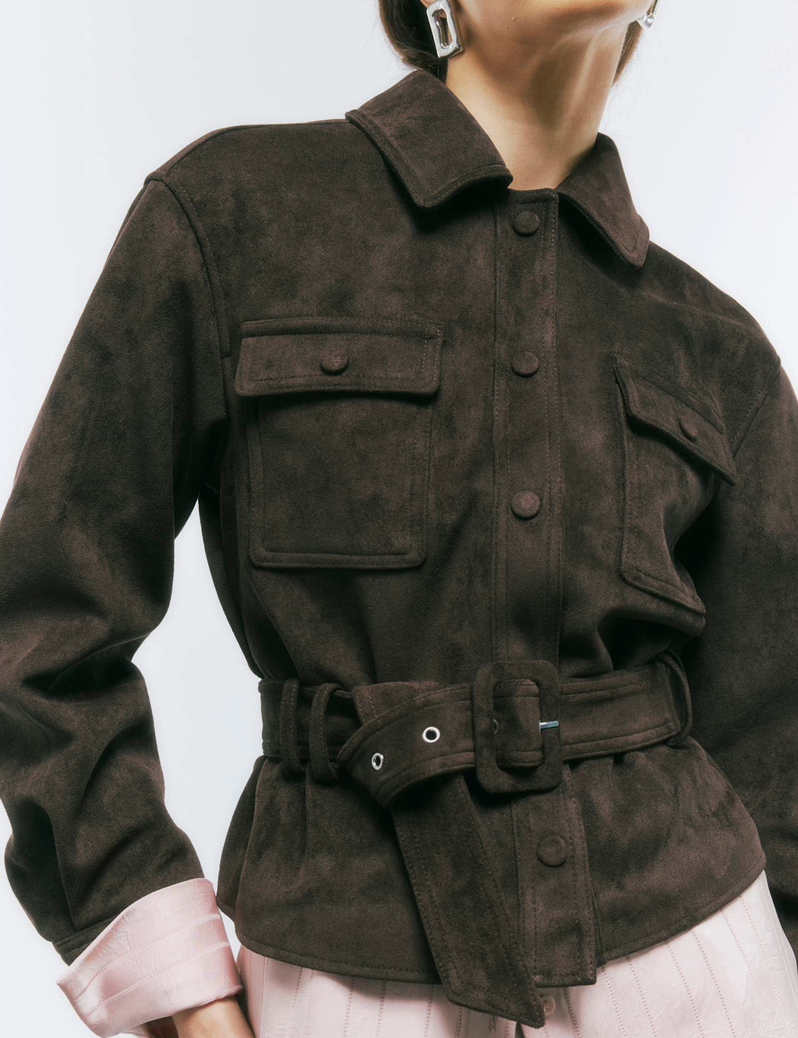 Faux Suede Belted Utility Jacket - image 2
