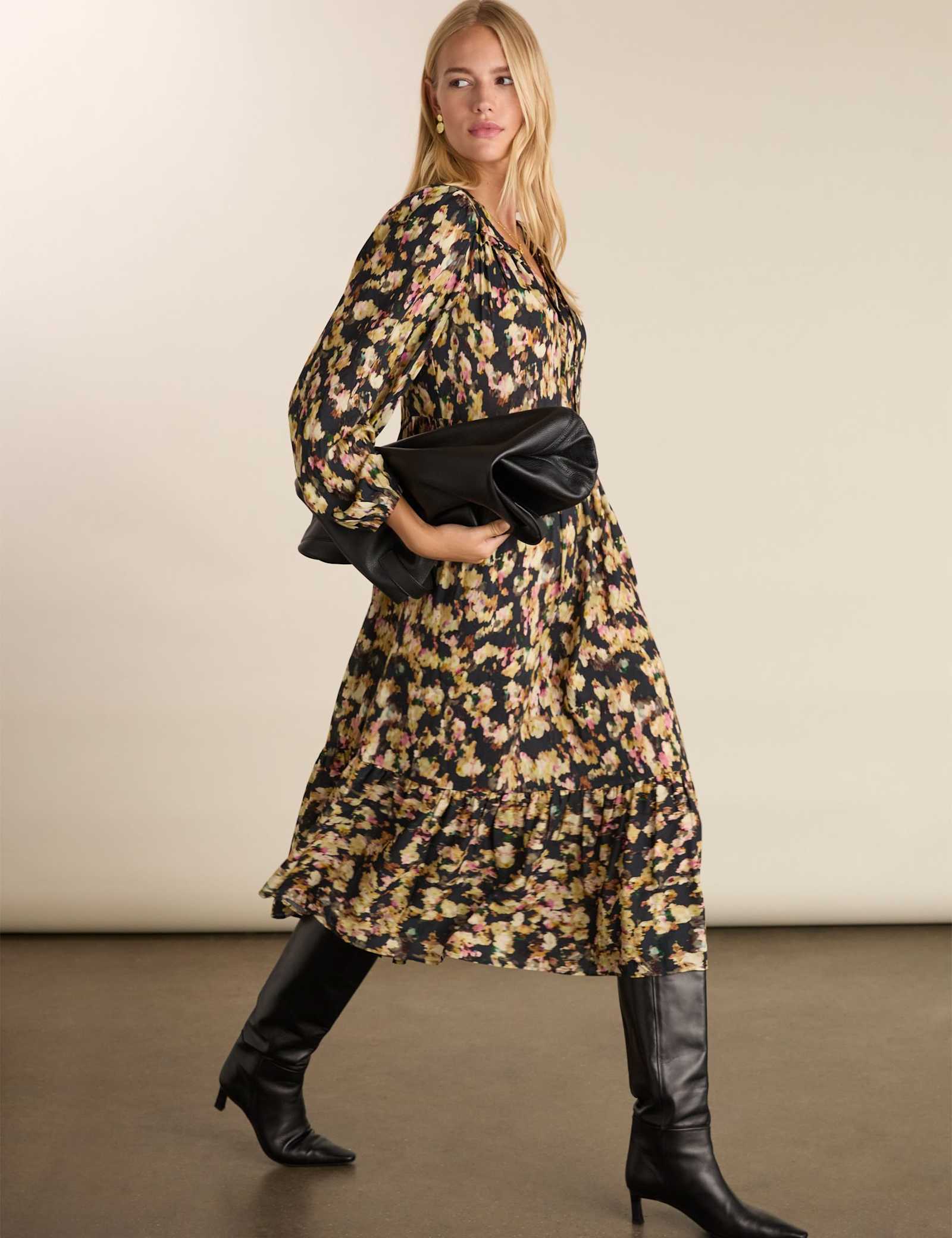 Printed Tie Neck Midi Tiered Dress - image 2
