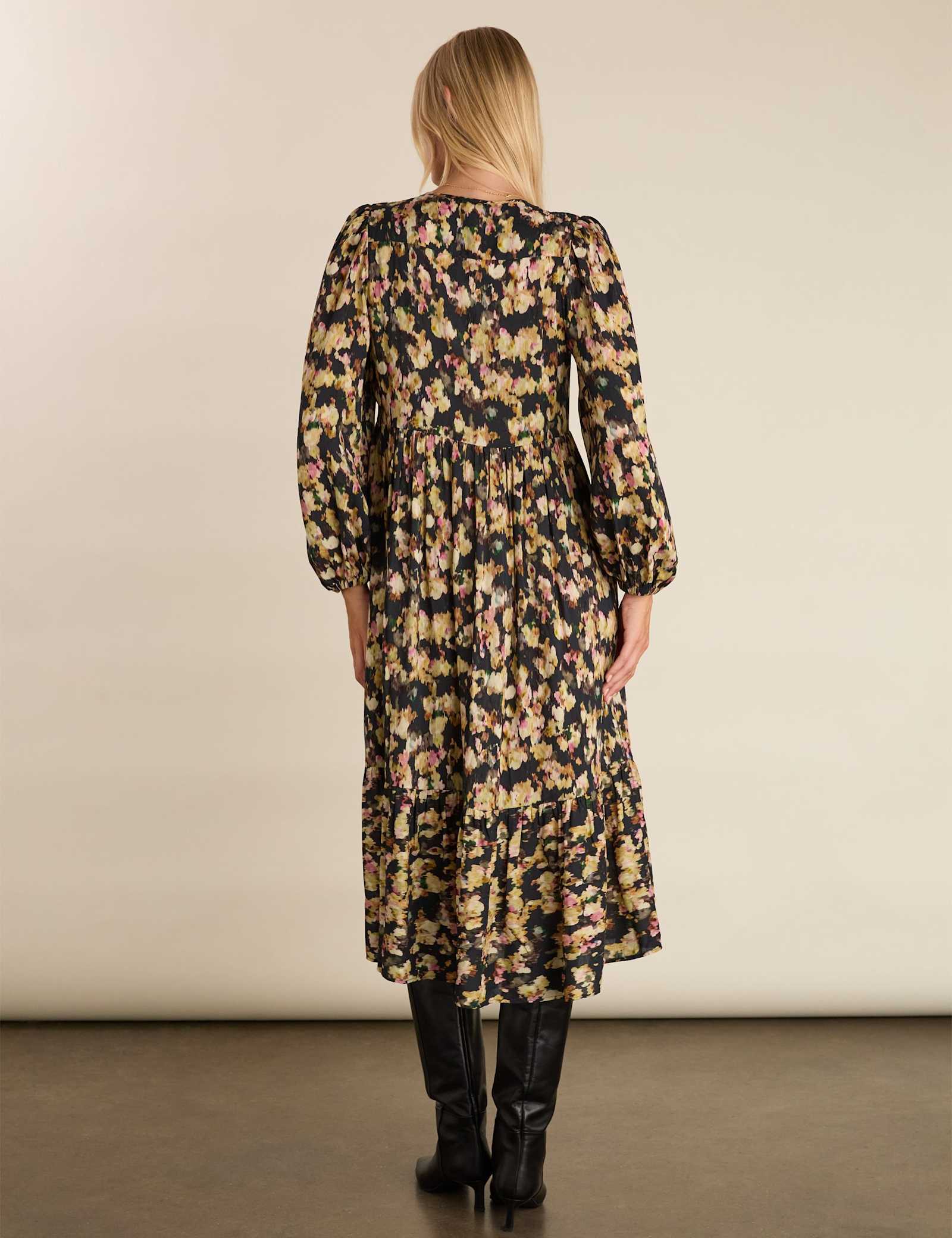 Printed Tie Neck Midi Tiered Dress - image 4