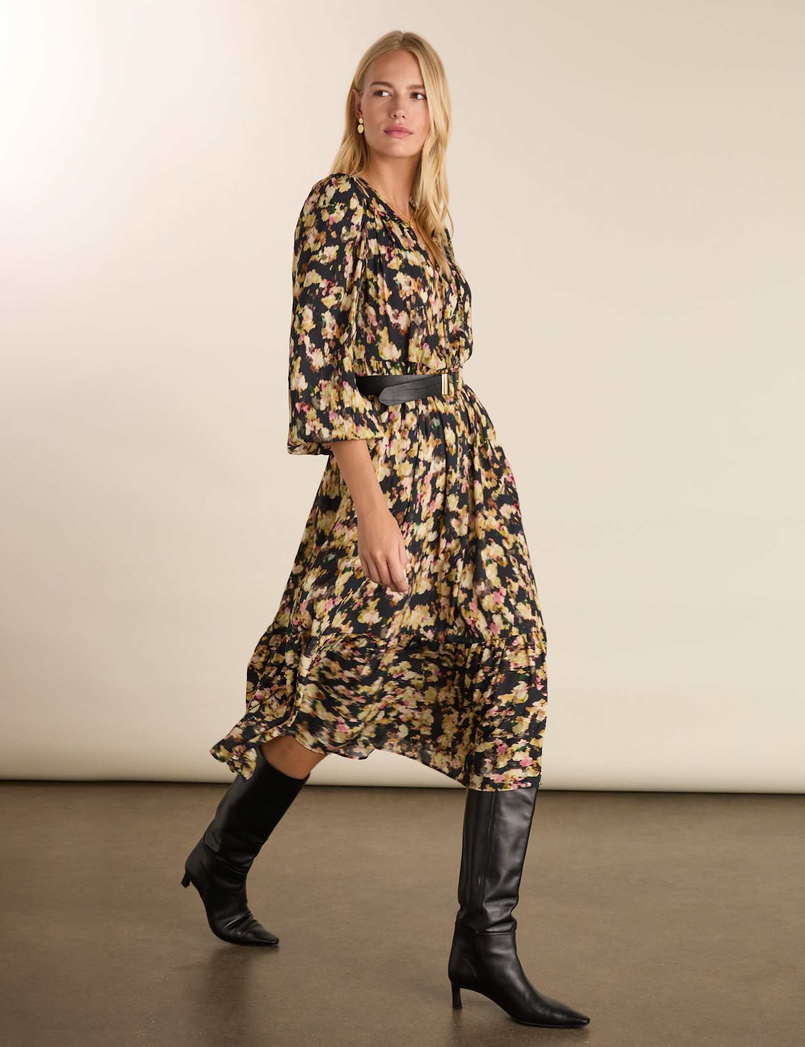 Printed Tie Neck Midi Tiered Dress - image 5