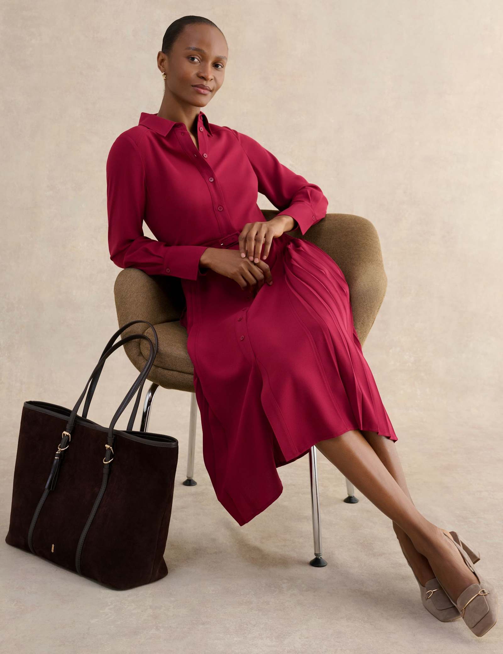Belted Pleated Midi Shirt Dress - image 4