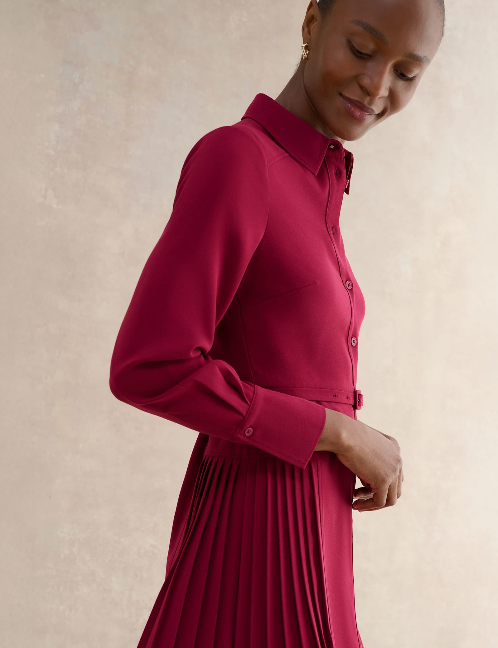 Belted Pleated Midi Shirt Dress - image 3
